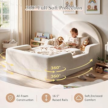 All-Foam Twin Size Floor Bed Frame with Headboard, Beige