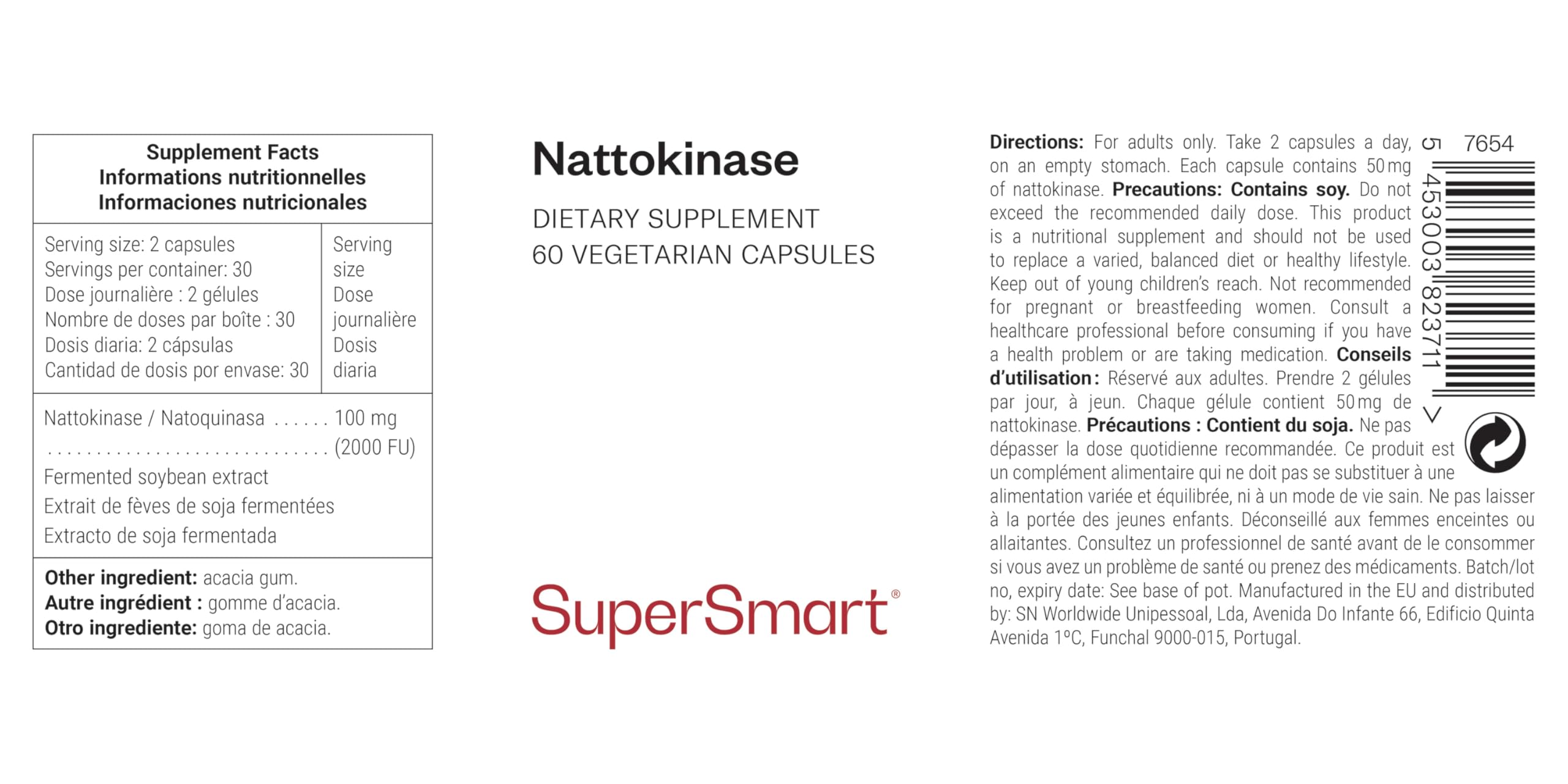 Supersmart - Nattokinase Hoher Gehalt an Vitamin K2 - Japanisches fibrinolytisches Enzym | Glutenfrei - 60 Kapseln