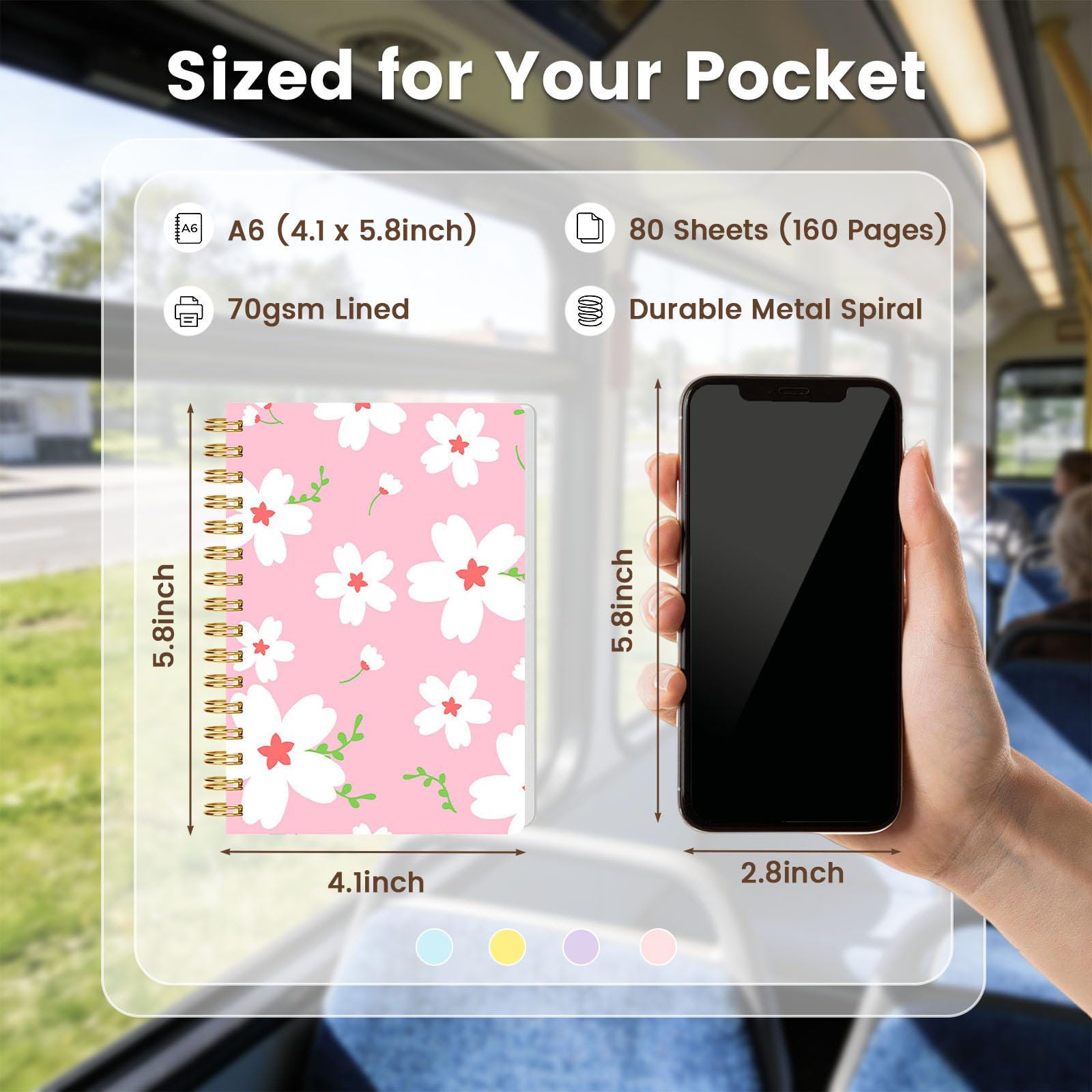 BOOKNOW 4 mini cuadernos en espiral A6, pequeños blocs de notas con rayas universitarias, bonitos cuadernos de bolsillo para mujeres, regalo de oficina, suministros escolares
