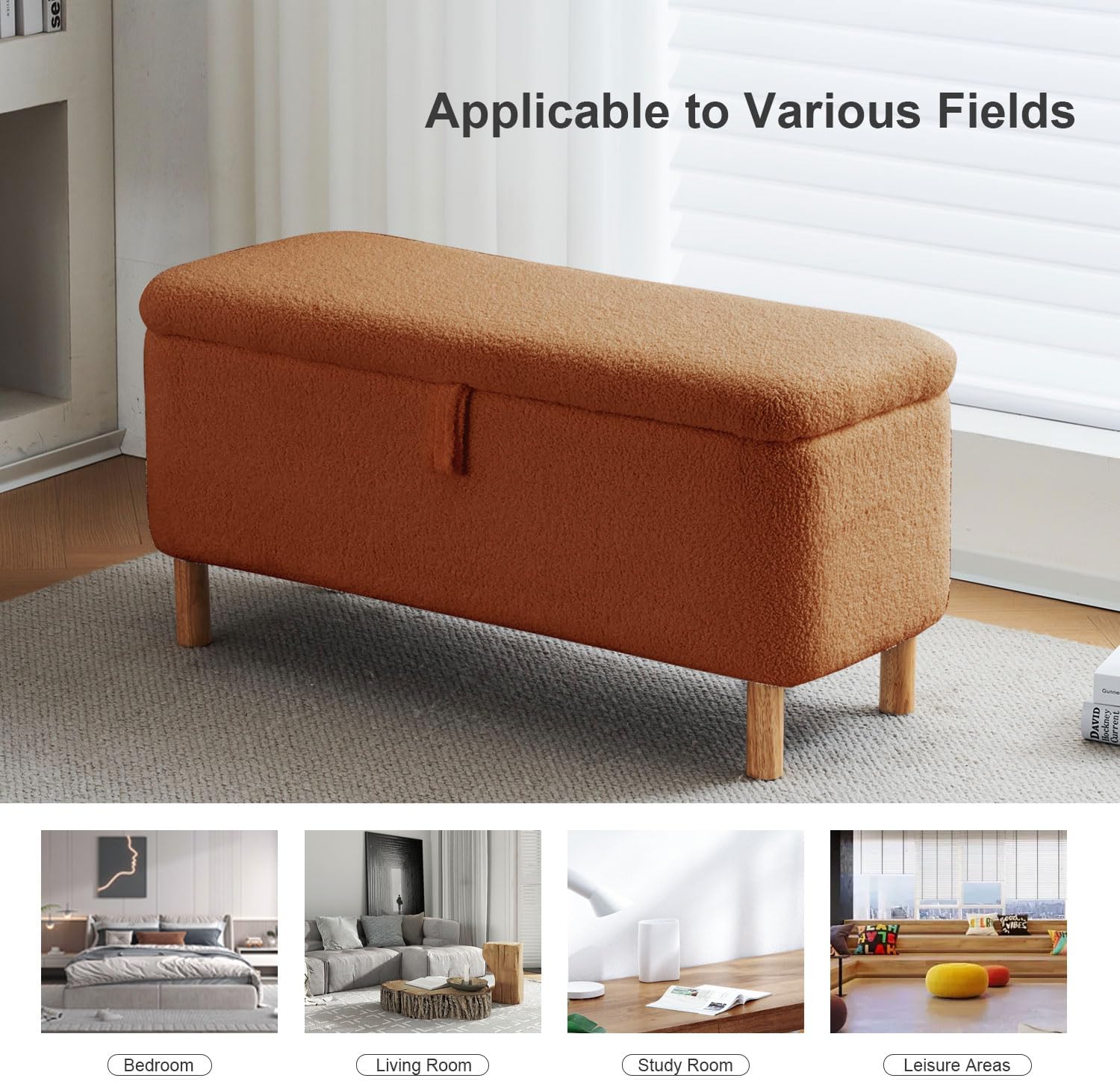 Storage Bench Bedroom Bench Sherpa Ottoman Storage Entryway for Living Room Rectangular Boucle Foot Rest Stool Padded Seat (39.5",Light Orange)