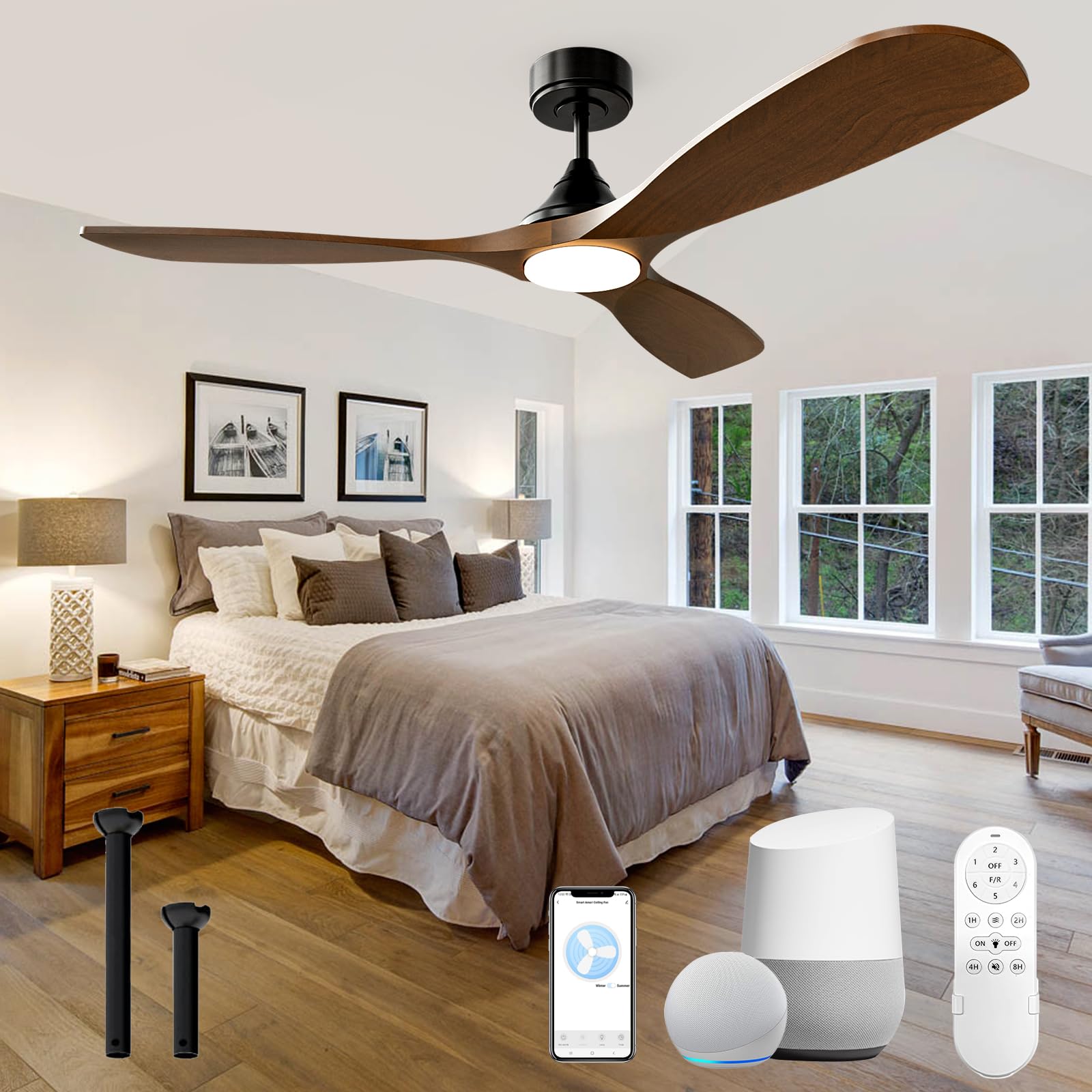 52 Inch Smart Ceiling Fan with Light, Wood Ceiling Fans with Remote, Alexa,WiFi and App Controls, Reversible Blades, Quiet DC Motor, Timing, High CFM, Dimmable LED Light, Walnut