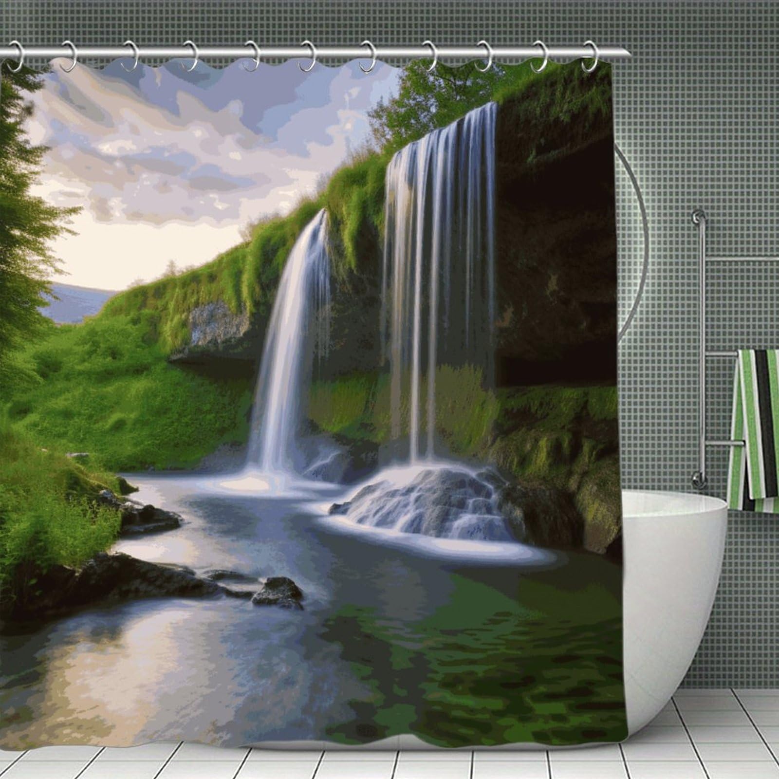 JTREHY Waterfall Landscape Shower Curtain Heavy Duty Waterproof Shower Curtain Elegant Modern Farmhouse Country Ultra Thick Bath Curtains Machine Washable Showers Curtains 70.8"x70.8"