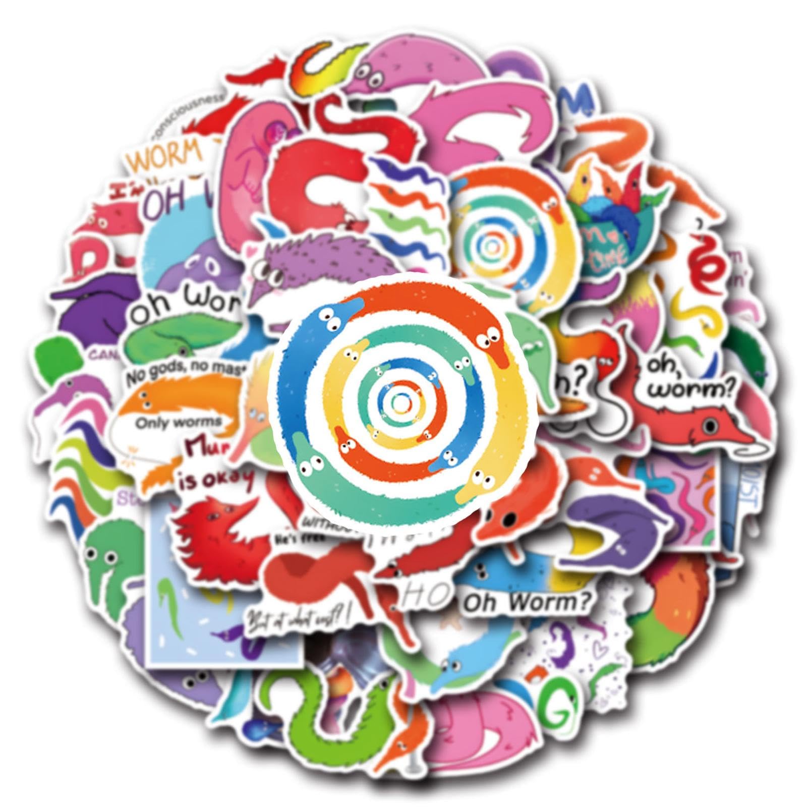 55pcs Worm Stickers for Kids, Cute Gummy Worm Stickers, Funny Worms on String Vinyl Decals for Cup Scrapbook Water Bottles Laptop Phone Luggage Car Skateboard