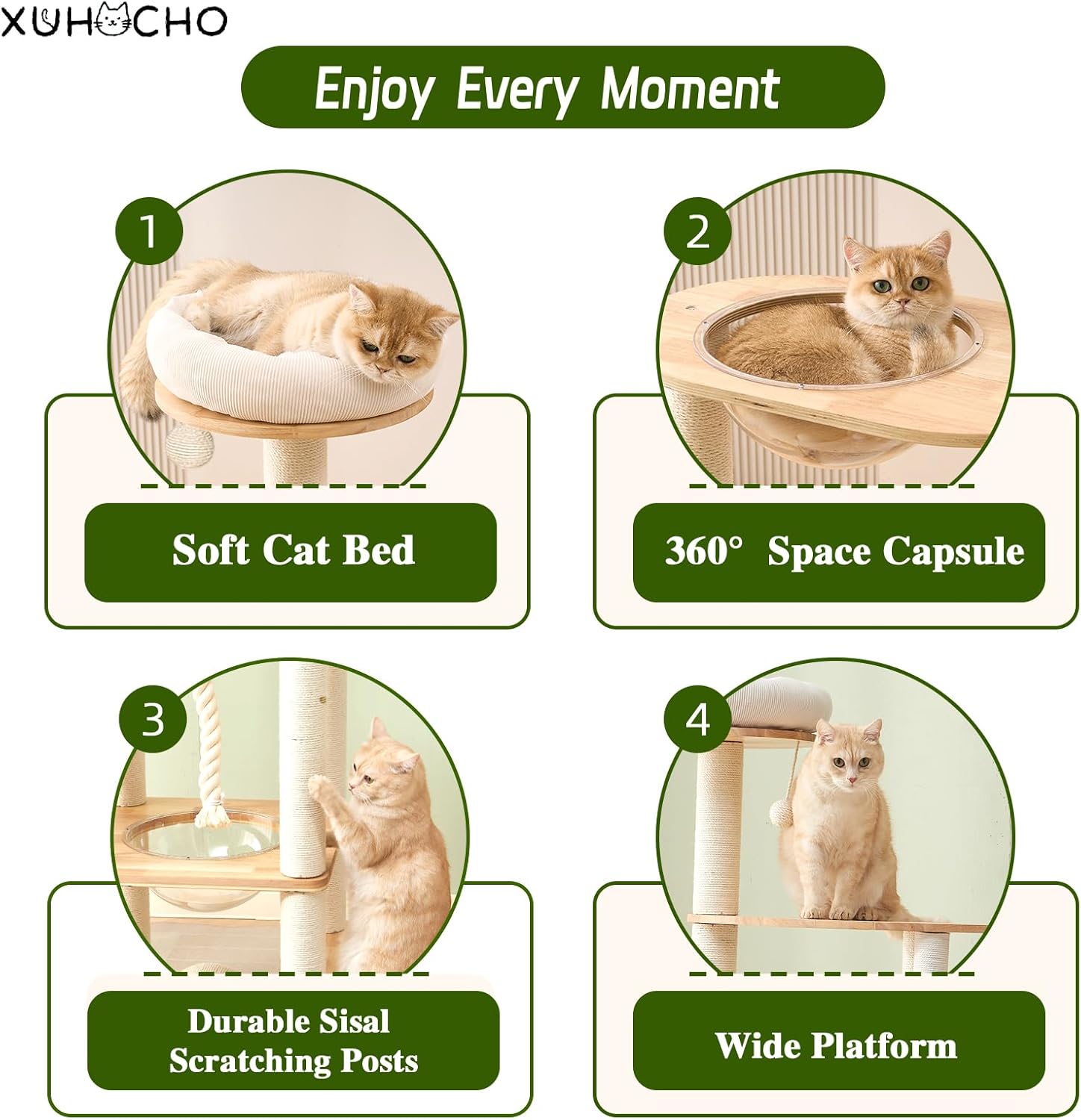 60-inch Modern Cat Tree,Solid Wood Cat Tower with Scratching Post, Hammock, Cotton Nest, Space Capsule, Cat Scratching Ball and Rope for Indoor Cats