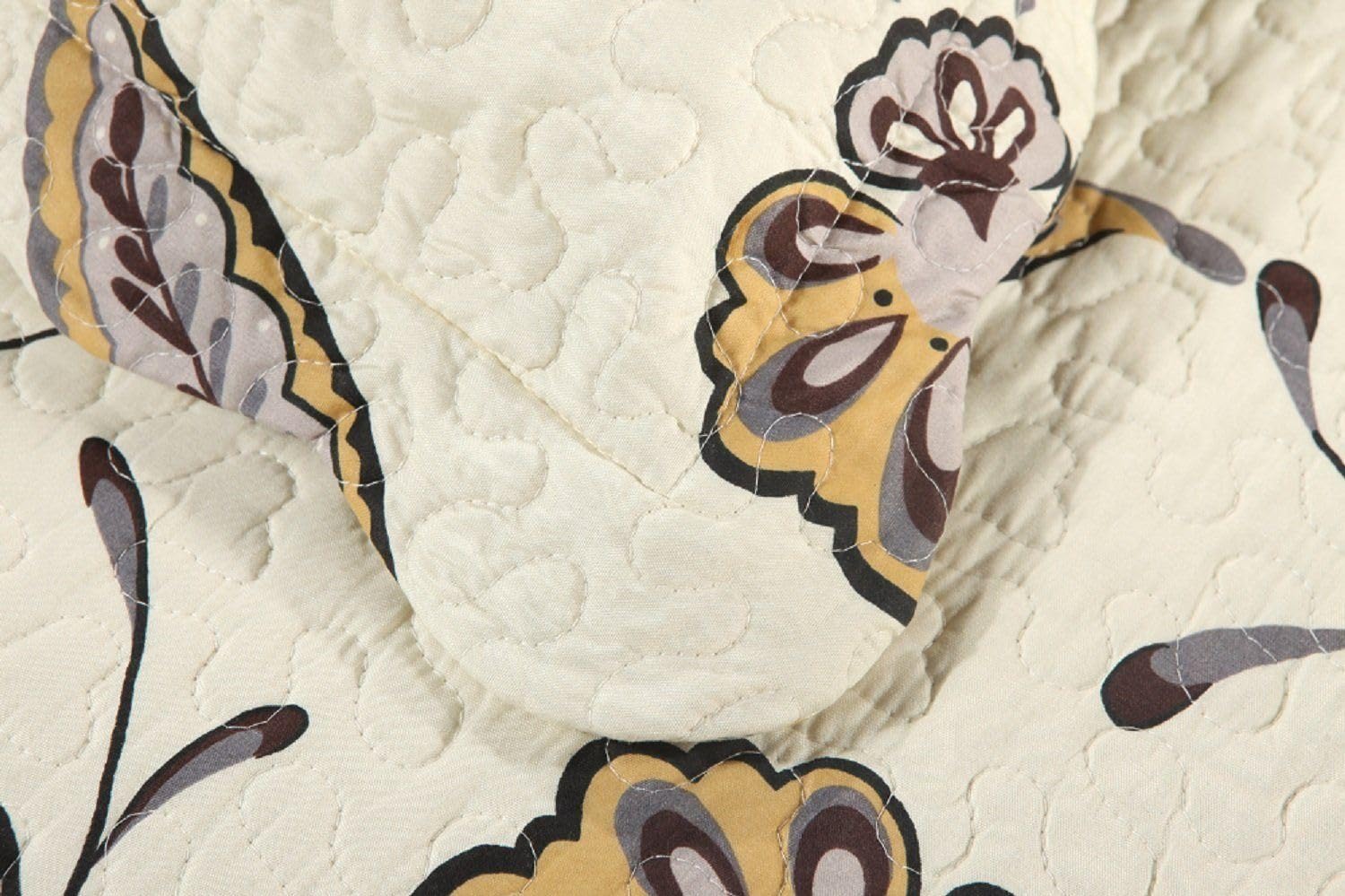 Tache Floral Retro Cream Quilted Pillow Sham - 1 Piece Cottagecore Décor Geometric Bold Flower Vines French Country Rustic Farmhouse Scalloped Edges 20x30 Sham
