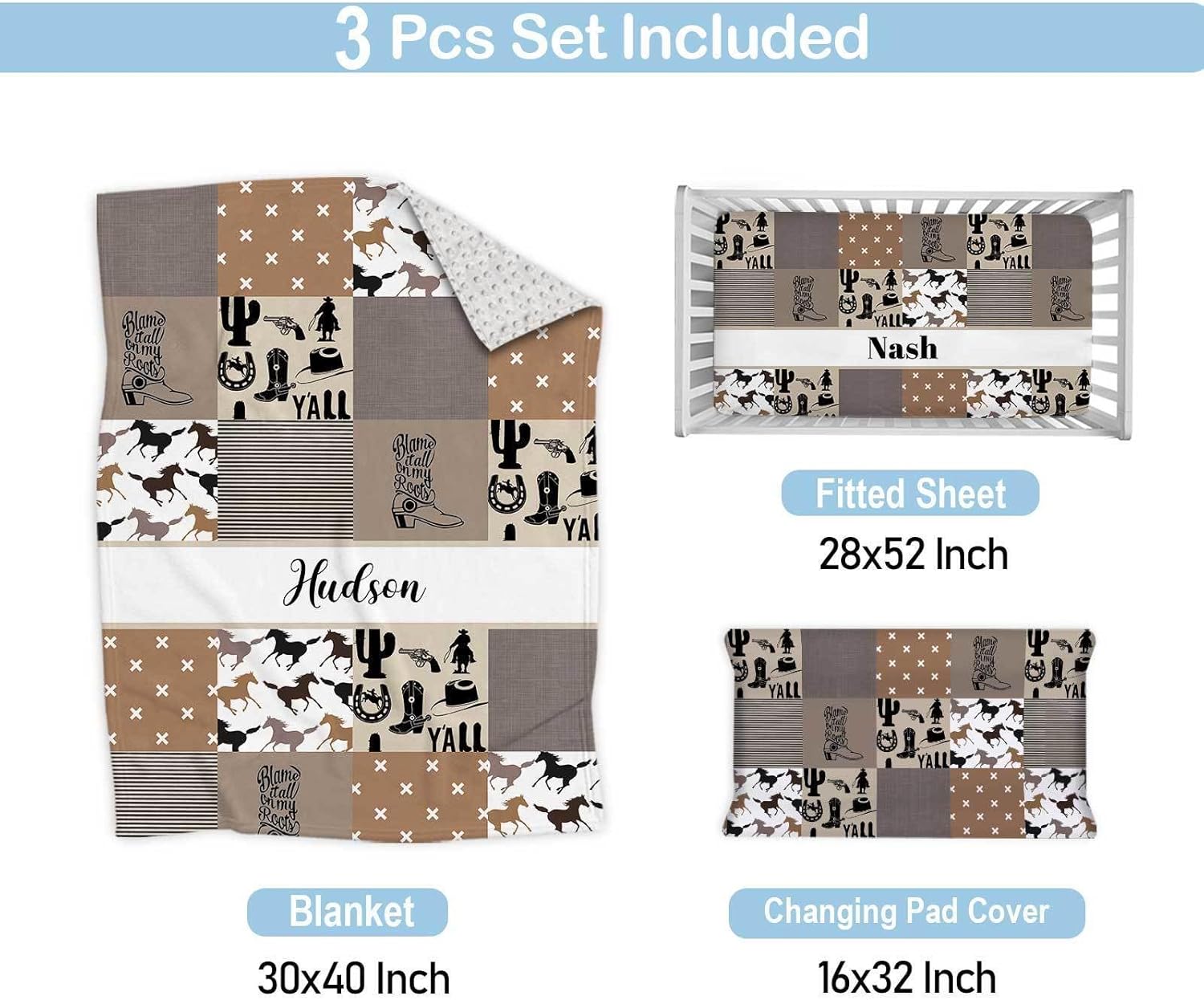 Personalized Baby Crib Bedding Set – Custom Name 3-Piece Nursery Set Including Blanket, Fitted Crib Sheet & Changing Pad Cover – Ideal Newborn Gift for Boys, Cowboy