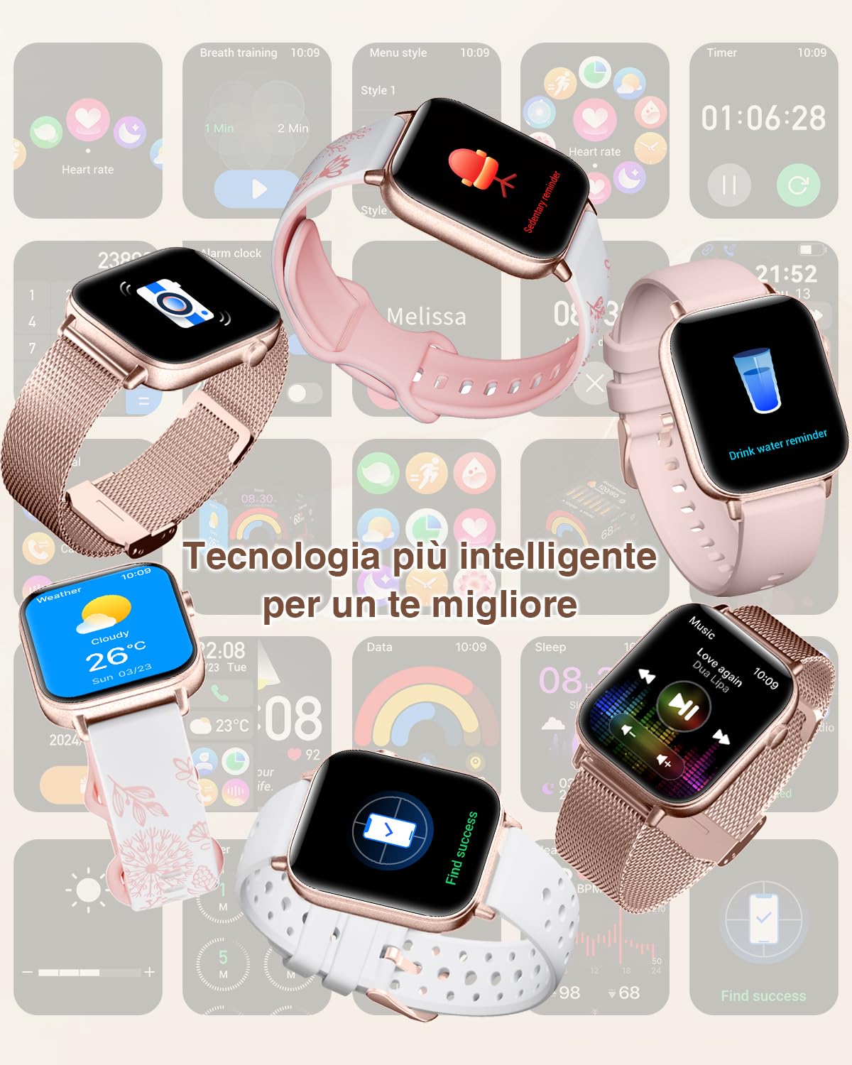 Orologio Smartwatch Donna con Effettua/Risposta Chiamate 4 Cinturini 1,83" Orologio Donna Contapassi Frequenza Cardiaca Sonno 110+ Sportive Smart Watch per Android/iOS, Oro Rosa