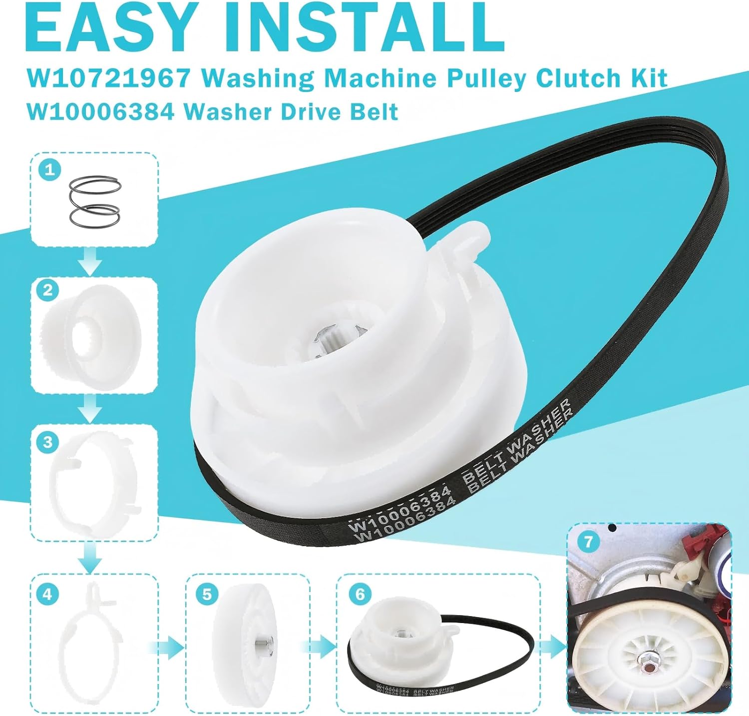 W10913953 49TYZ-E120A1 Washer Shift Actuator & W10721967 Pulley Clutch Kit & W10006384 Drive Belt, Replacement Parts Kit Fit for Whirl-Pool Ken-More May-tag Washing Machine (1 Set)
