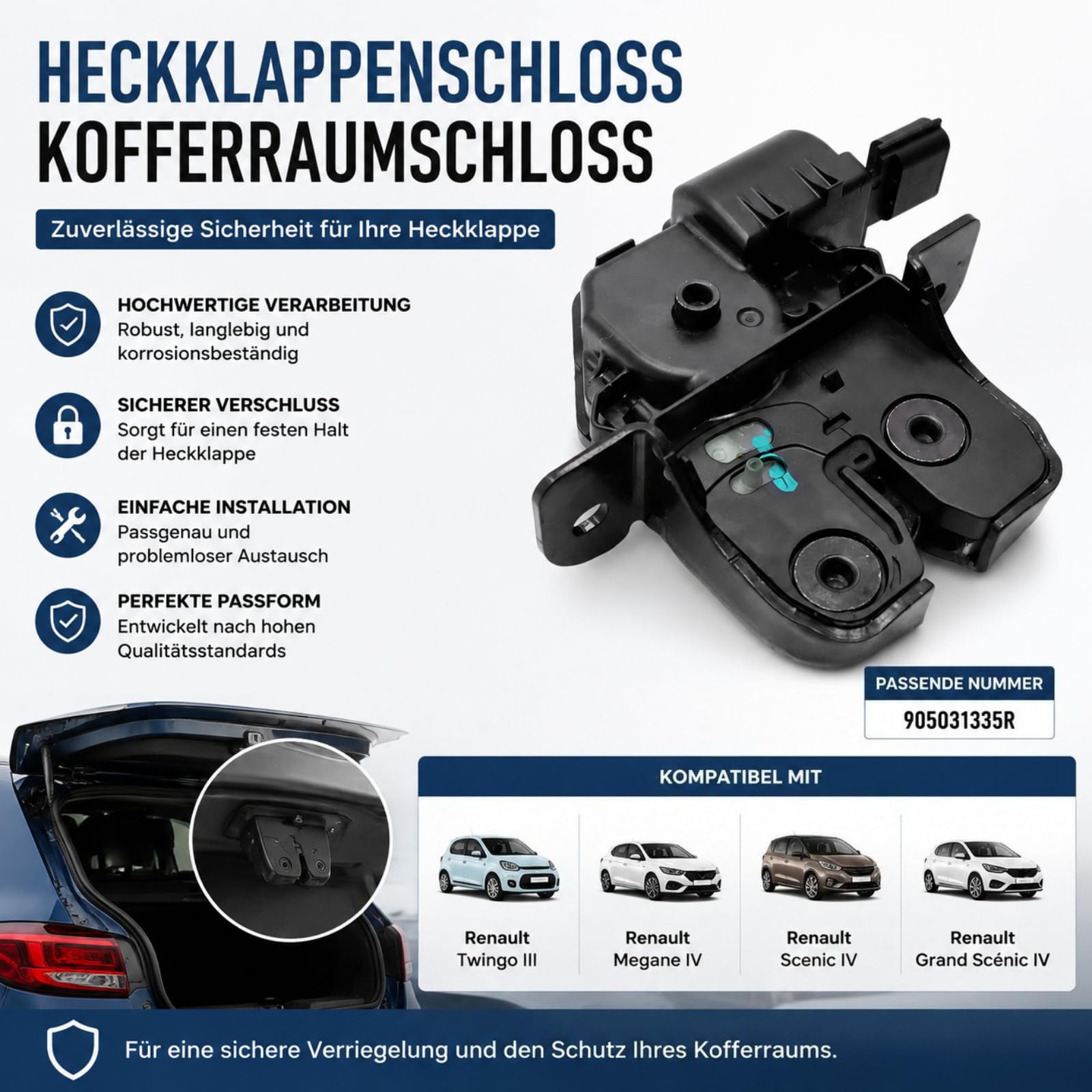 Heckklappenschloss Kofferraumschloss Kofferraumdeckelschloss Kompatibel mit Renault Twingo III Megane IV Scenic IV Grand Scénic IV 2014-2025 905031335R
