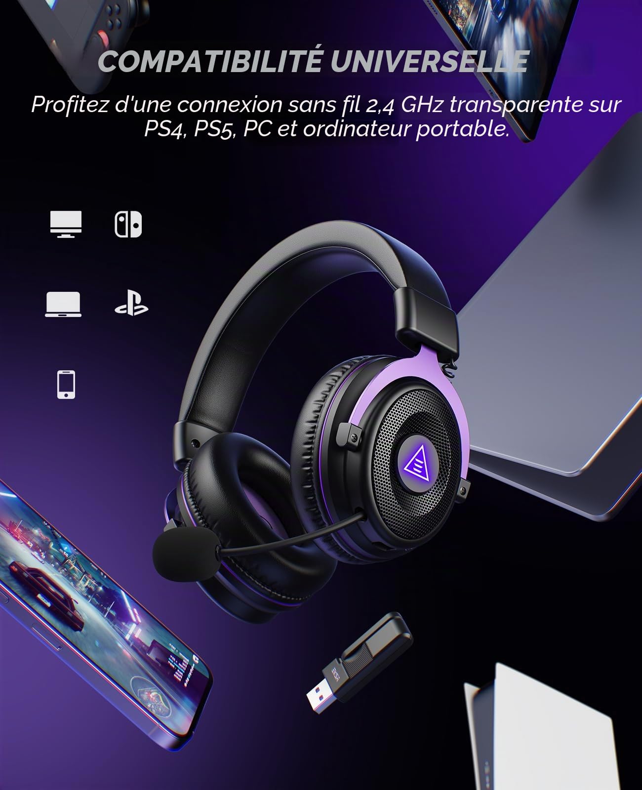 EKSA E900WT Casque Gaming sans Fil PS5/PS4/PC, Casque Gamer Bluetooth 5.3, 2.4GHz USB&Type-C Latence 30MS, Casque avec Micro Anti-Bruit Rétractable, Batterie 80H, LED pour Switch/Laptop/Mac/Mobile