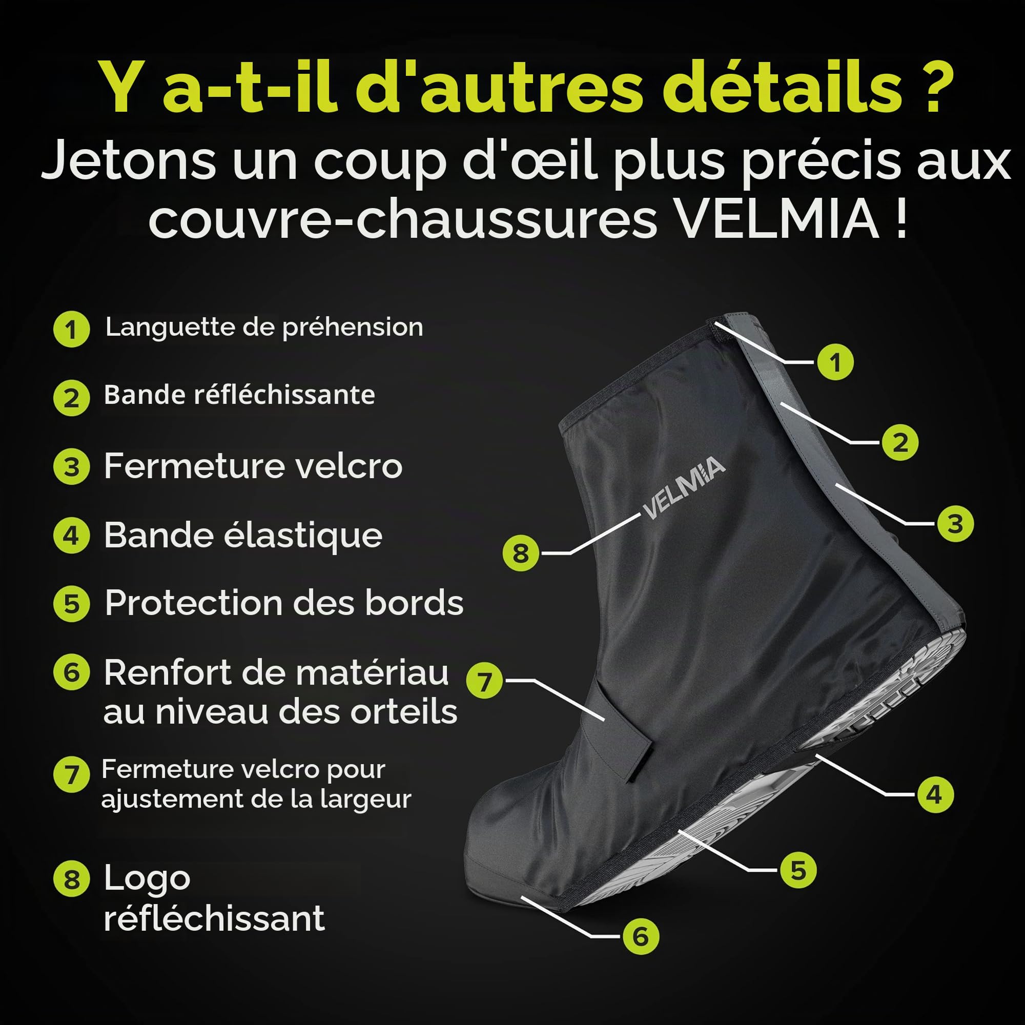 VELMIA Protection contre la pluie pour chaussures de vélo avec matériau réfléchissant et pointe renforcée | Couvre-chaussures imperméables noir pour vélo