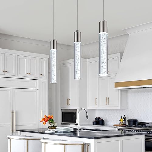 Miniatura 5 de Paquete de 3 mini lámparas colgantes, iluminación LED de cocina de níquel satinado con bombilla LED, lámpara de araña de burbujas preminum de