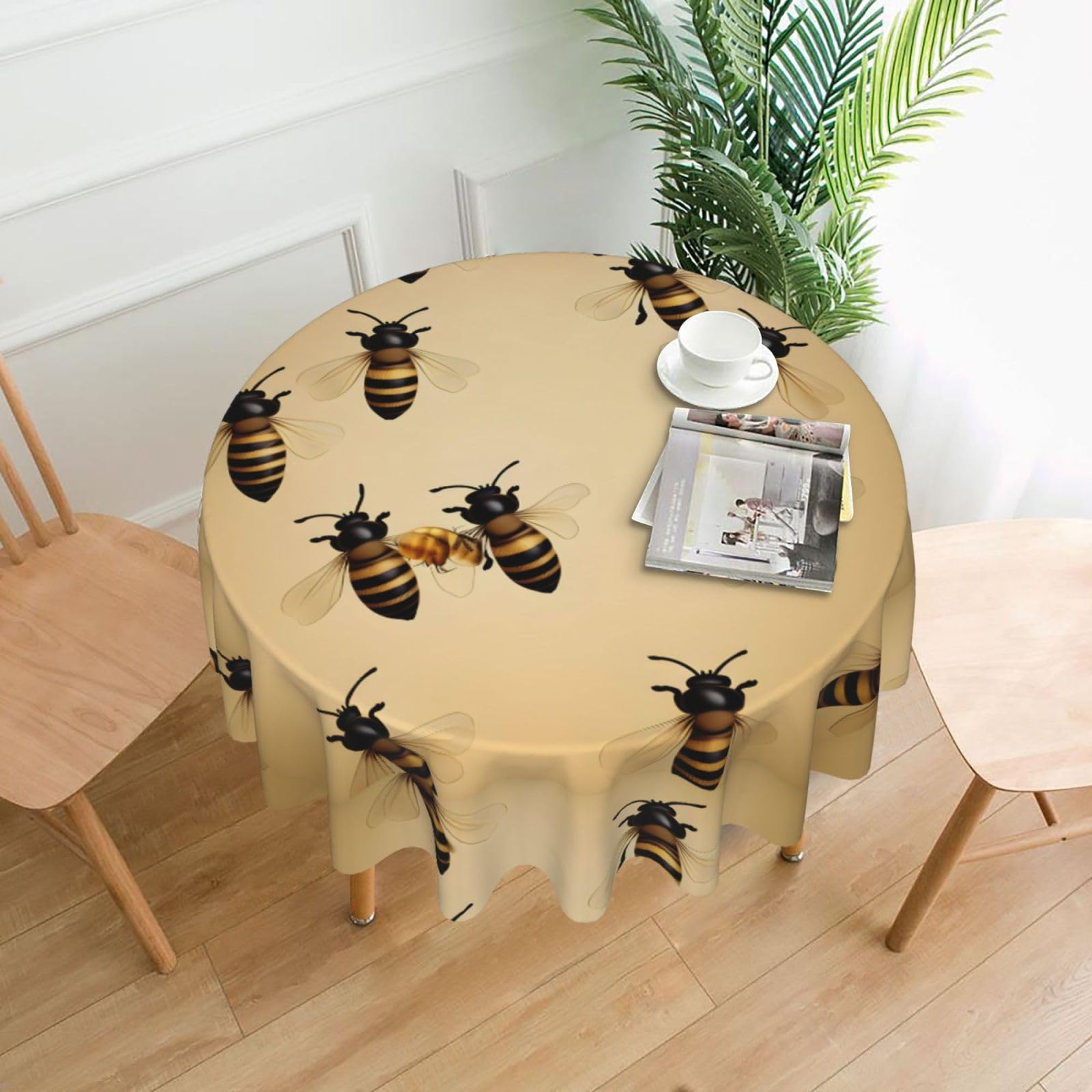 Nbtghga Honey Bee Print Tablecloth Round Border Table Cloth Cover Decorative For Party Holiday Dinning Tabletop Home