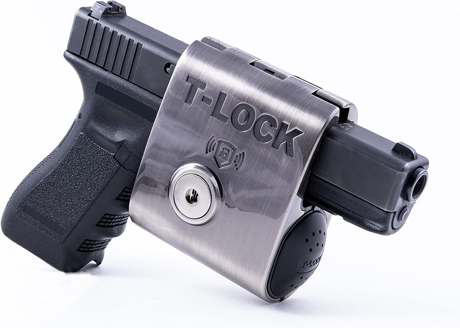 T-Lock Gun Lock with Motion Sensor 120db Alarm for Most Glock Pistol Hand Guns. California DOJ Approved Firearm Safety Device - Chrome, Black