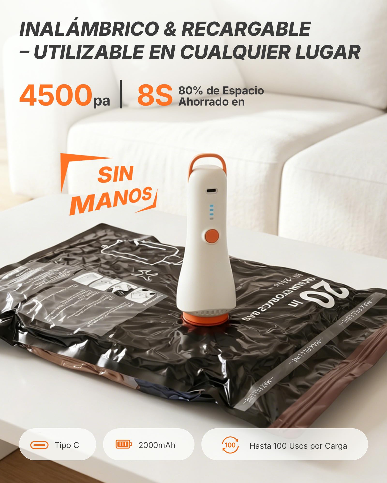 Bolsas Vacio Ropa Viaje con Bomba de Vacío Eléctrica Inalámbrica, Pack de 20 (4 * 74x54, 8 * 64x47, 8 * 54x40) – Ideal para Equipaje de Mano, Ropa de Temporada y Almacenamiento en Casa