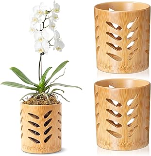 2 Pack Bamboo Plant Pots, 4 Inch Round Breathable Planter with Hollow De...
