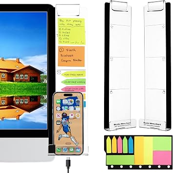 Barelove 2 Pack Monitor Memo Board يسارًا ويمينًا + ملاحظات لاصقة ، مكتب كمبيوتر مكتبي ملحقات طلاب الكمبيوتر متعددة الوظائف شاشة أكريليك لوحة رسالة لوحة جانبية