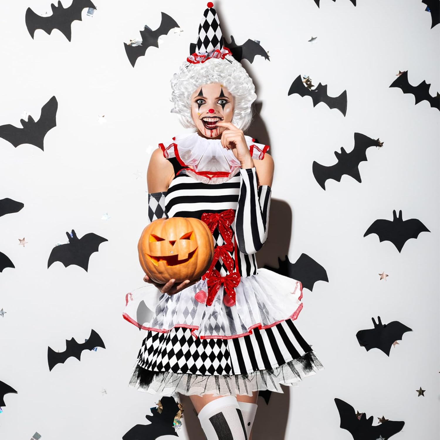 Newcotte 7 Pcs Women Halloween Scary Costume Set Clown Costume Clown Dress Wig Stockings Plastic Sword Hat - Image 4