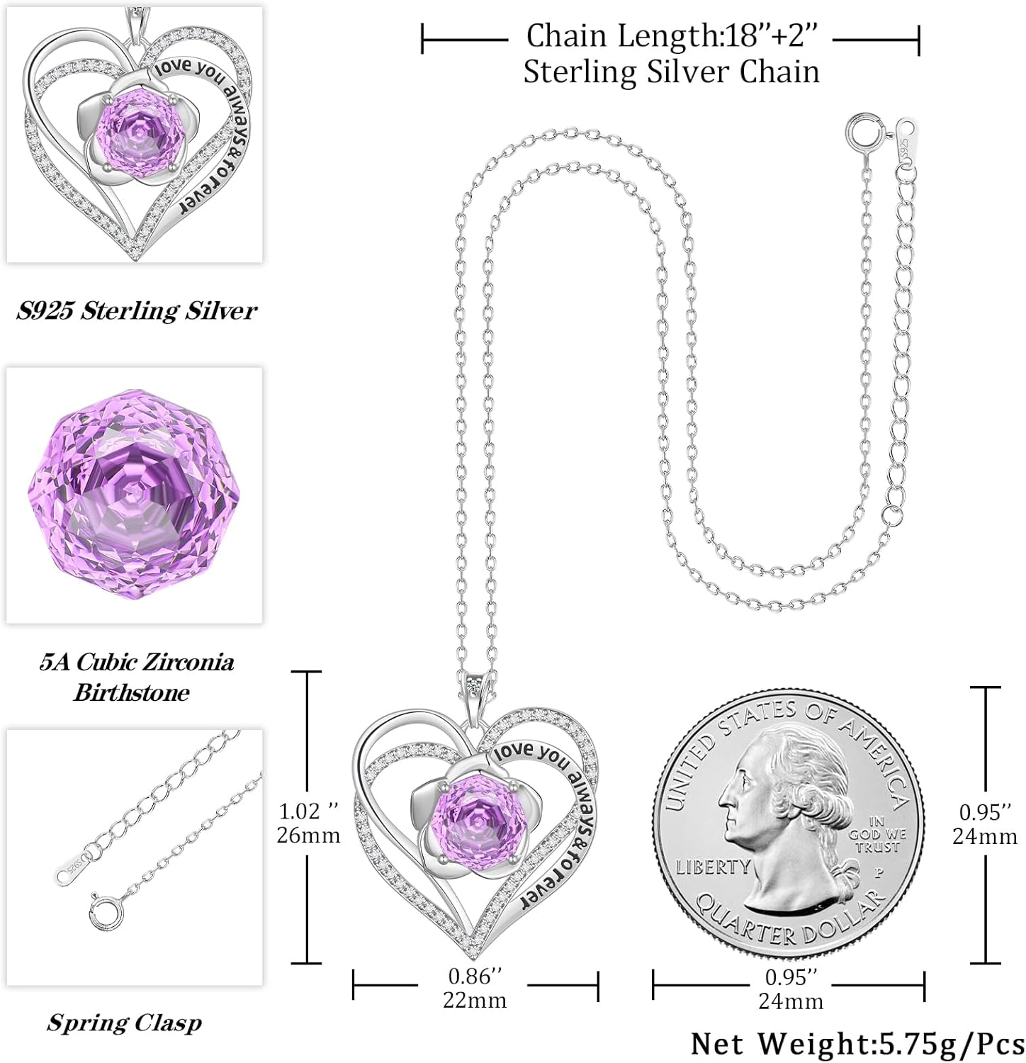 Aurora Tears Birthstone Love Heart Pendant Necklace - 925 Sterling Silver Rose Cut Cubic Zirconia I Love You Necklace Anniversary Birthday Jewelry Gift for Women Wife Mom Daughter - Image 4