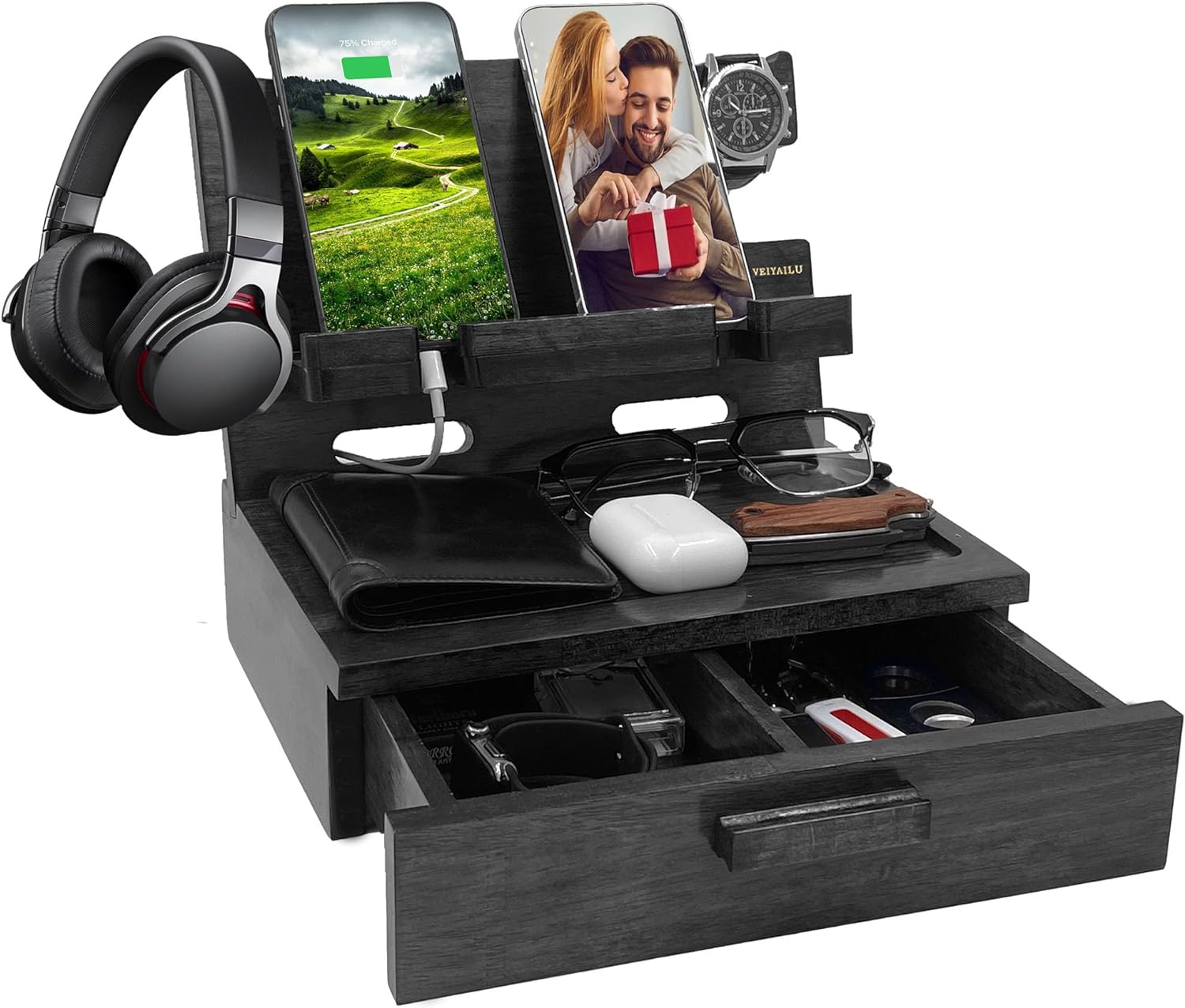 Gifts for Him Husband Boyfriend Son Men Nightstand Organizer Wood Phone Docking Station Birthday Gifts (Black)
