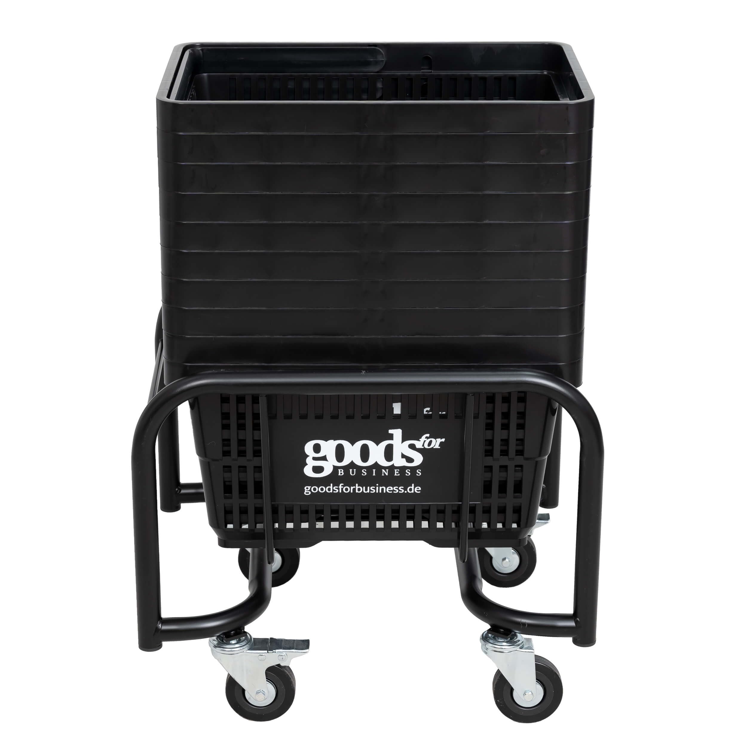 Sammelwagen mit Einkaufskörbe Schwarz 10er Set 22L | Rollbarer Korbstapelwagen in Schwarz, 10 Körbe in Schwarz mit Griff, Tragekorb Kunststoffkörbe 30kg Traglast