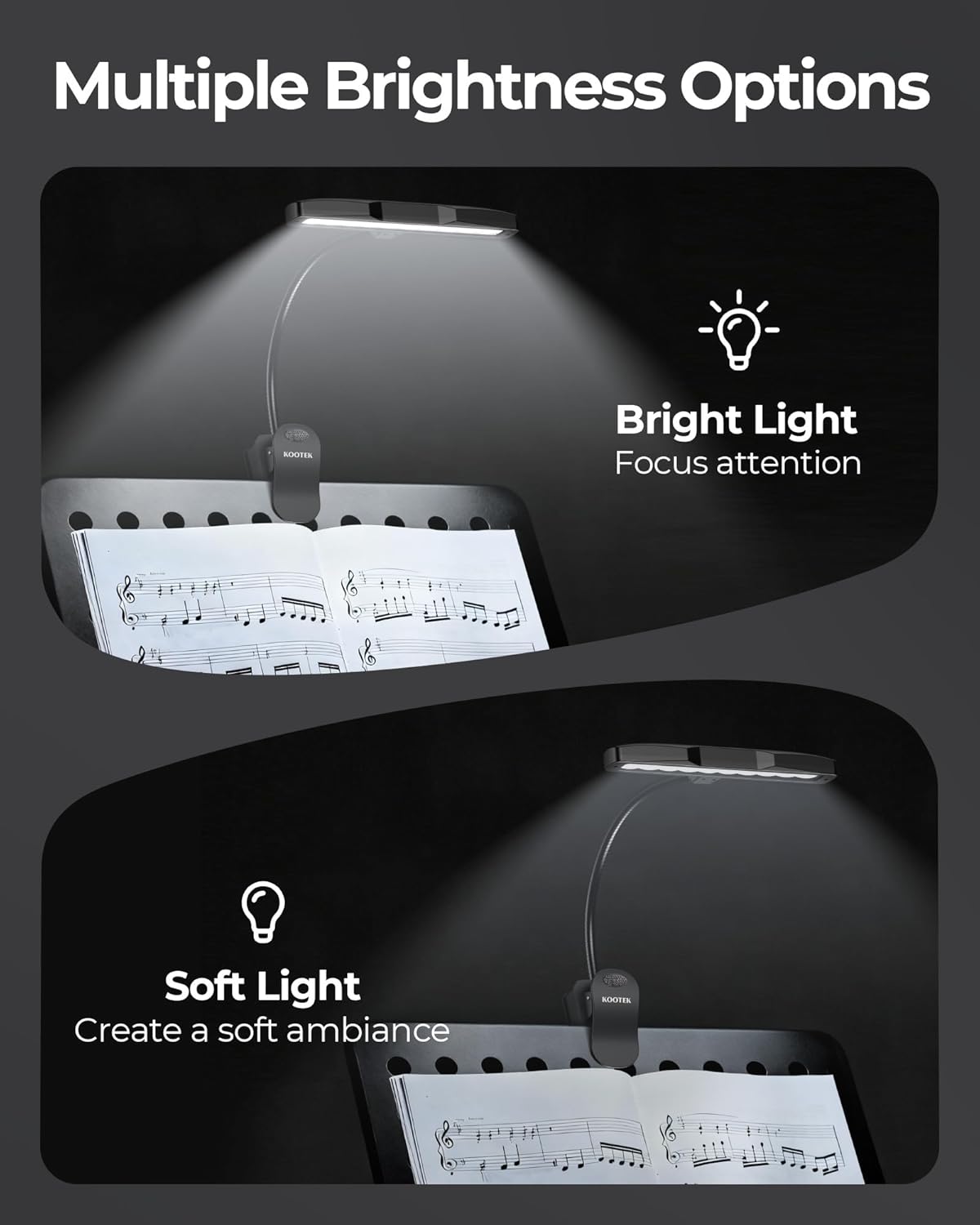 Kootek Music Stand Light with flexible gooseneck adjusted to various positions.