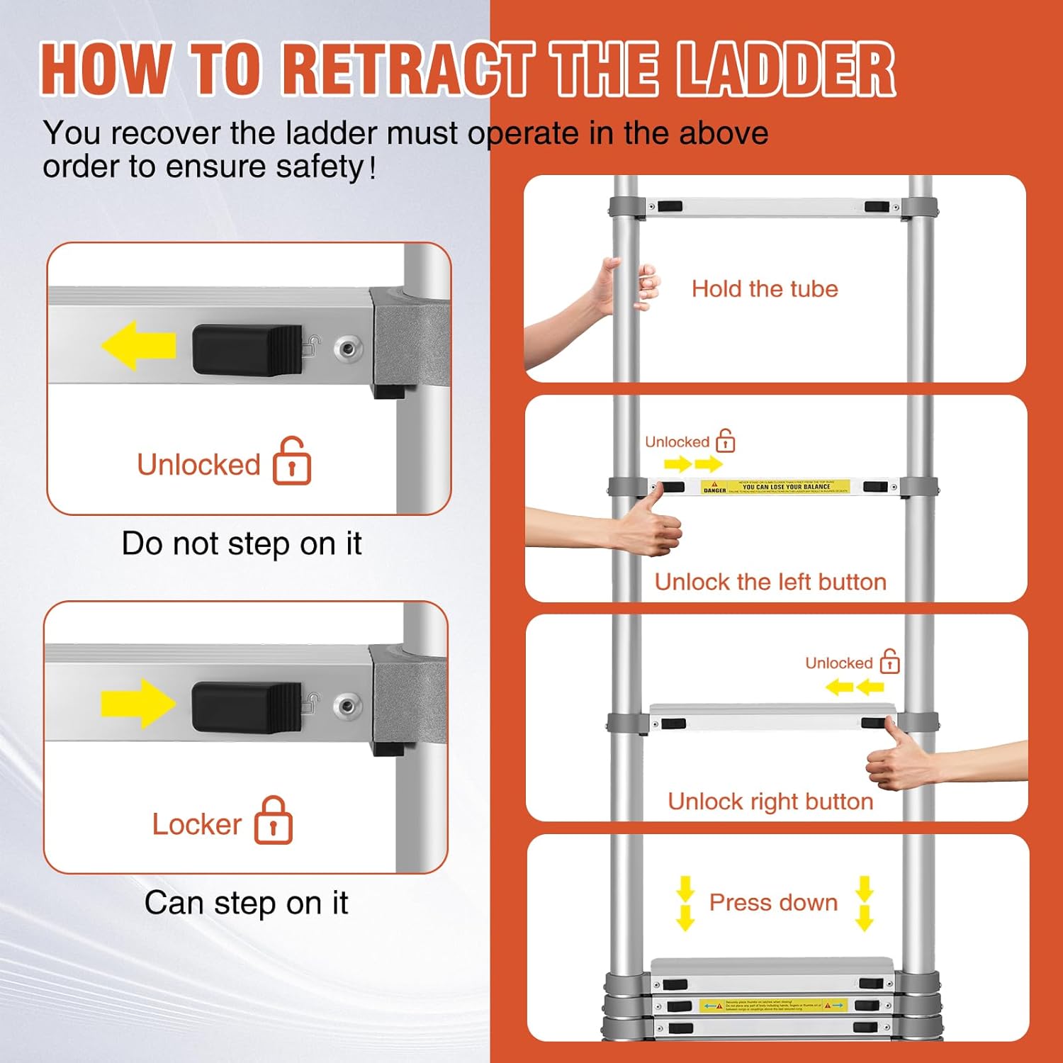 15 FT Aluminum Telescoping Ladder with Hooks, Extension Ladder with Reinforced Alloy Joints, 400 lbs Load Capacity with Non-Slip Feet, Compact Portable for Home, RV, Attic and Roof Use