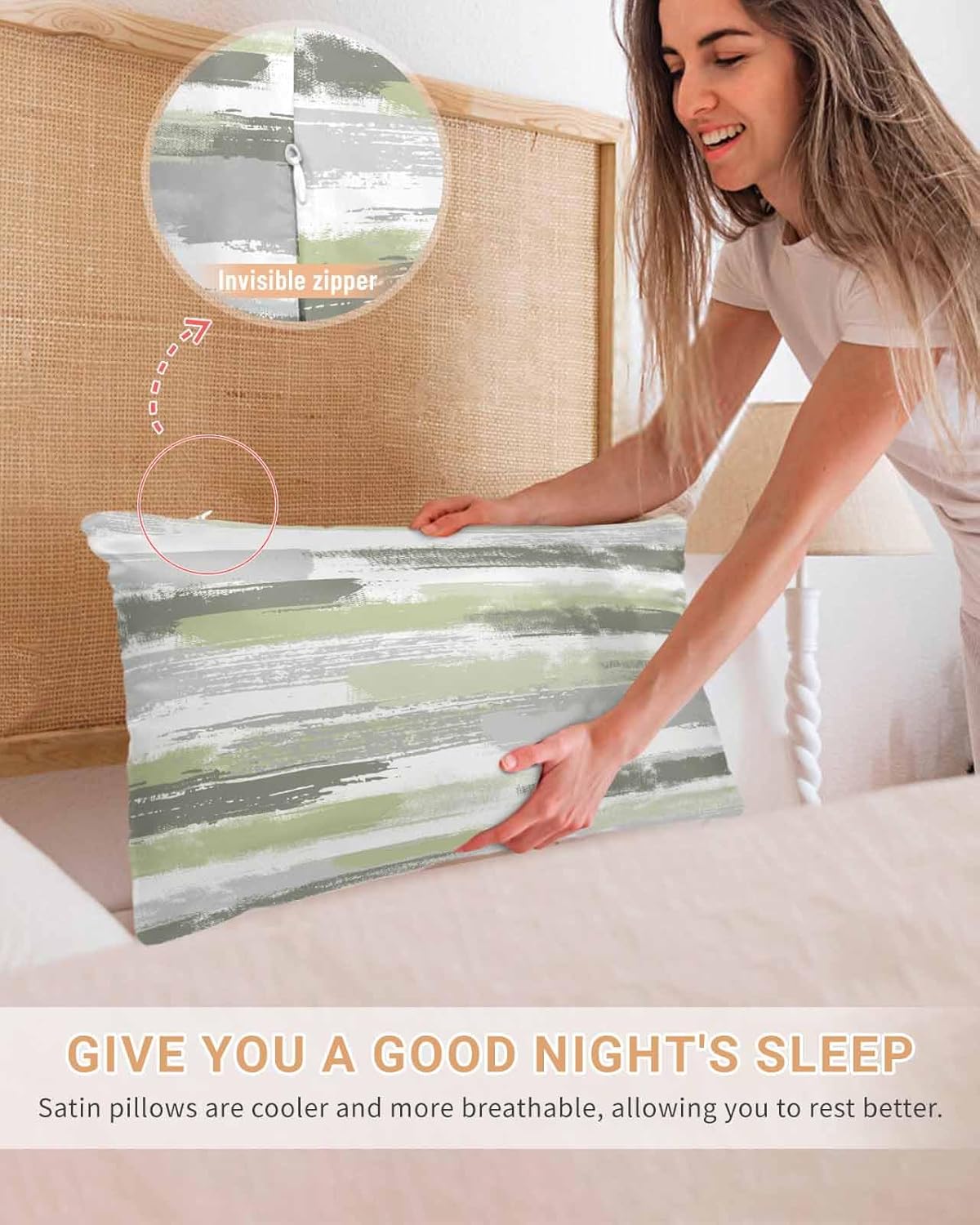 Abstract Sage Green 2 Packs Bed Pillow Covers Standard Decorative,Throw Pillow Cases Bedding Pillowcase,Super Soft Stain Pillow Sham Envelope Closure Modern Geometric Grey White Stripe 20"x26"