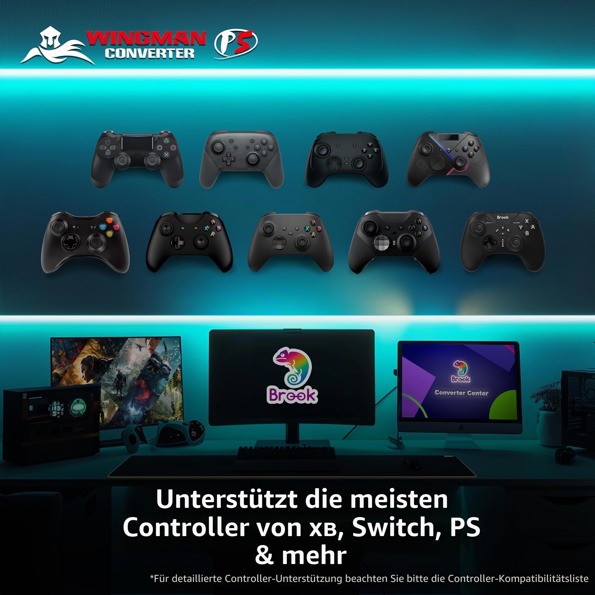 Brook Wingman P5 - P5 P4 PC-Controller-Konverter mit kabelloser und kabelgebundener Unterstützung, Vibration, 6-Achsen-Bewegung, Turbo-Makro-Remap über Converter Center Software (exklusive Version)