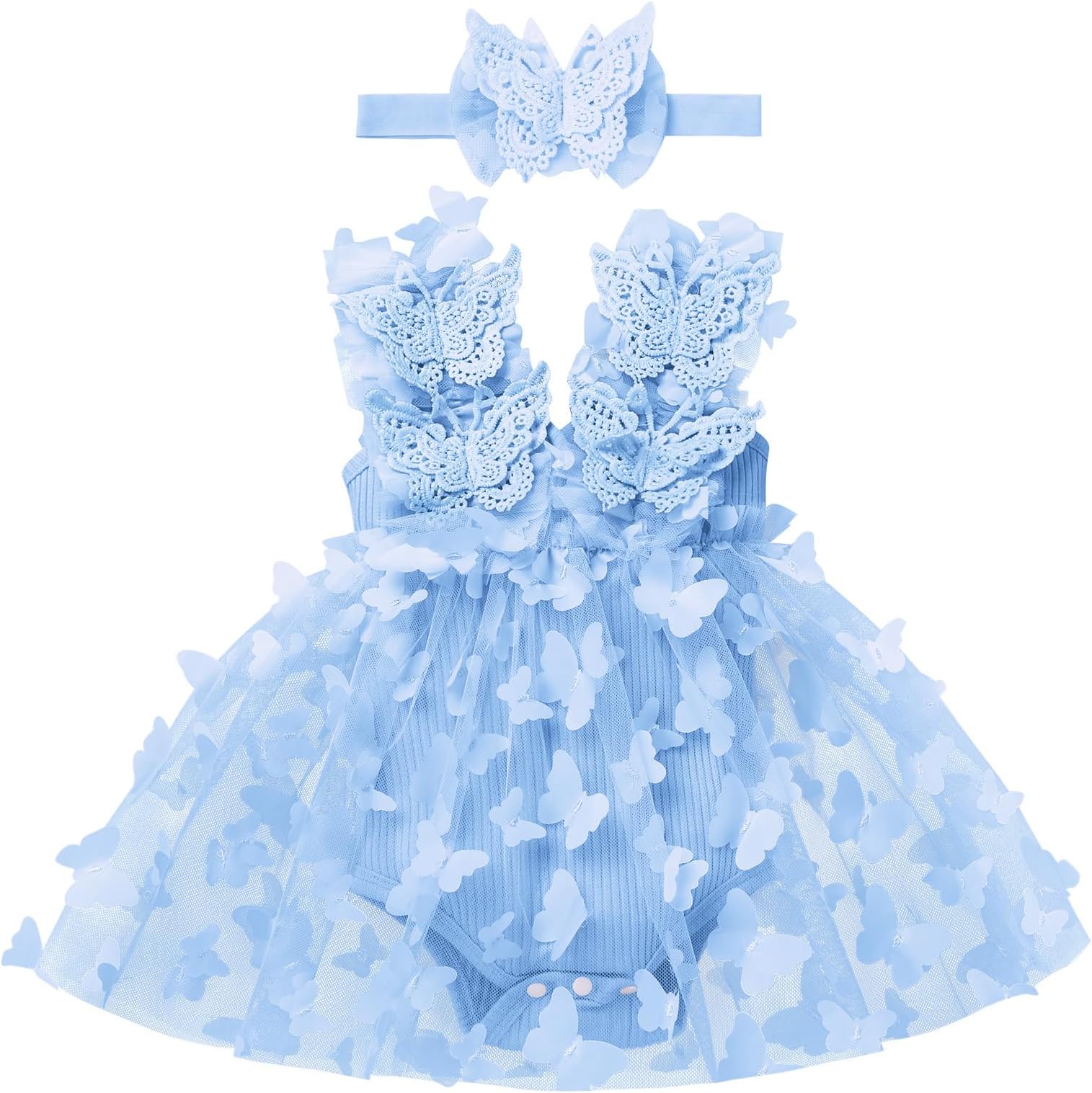 Infant Baby Girl Lace Romper Dress First Birthday Cake Smash Outfit Sleeveless Ribbed Tulle Tutu Dress with Headband 2Pcs Princess Party Dress Sets