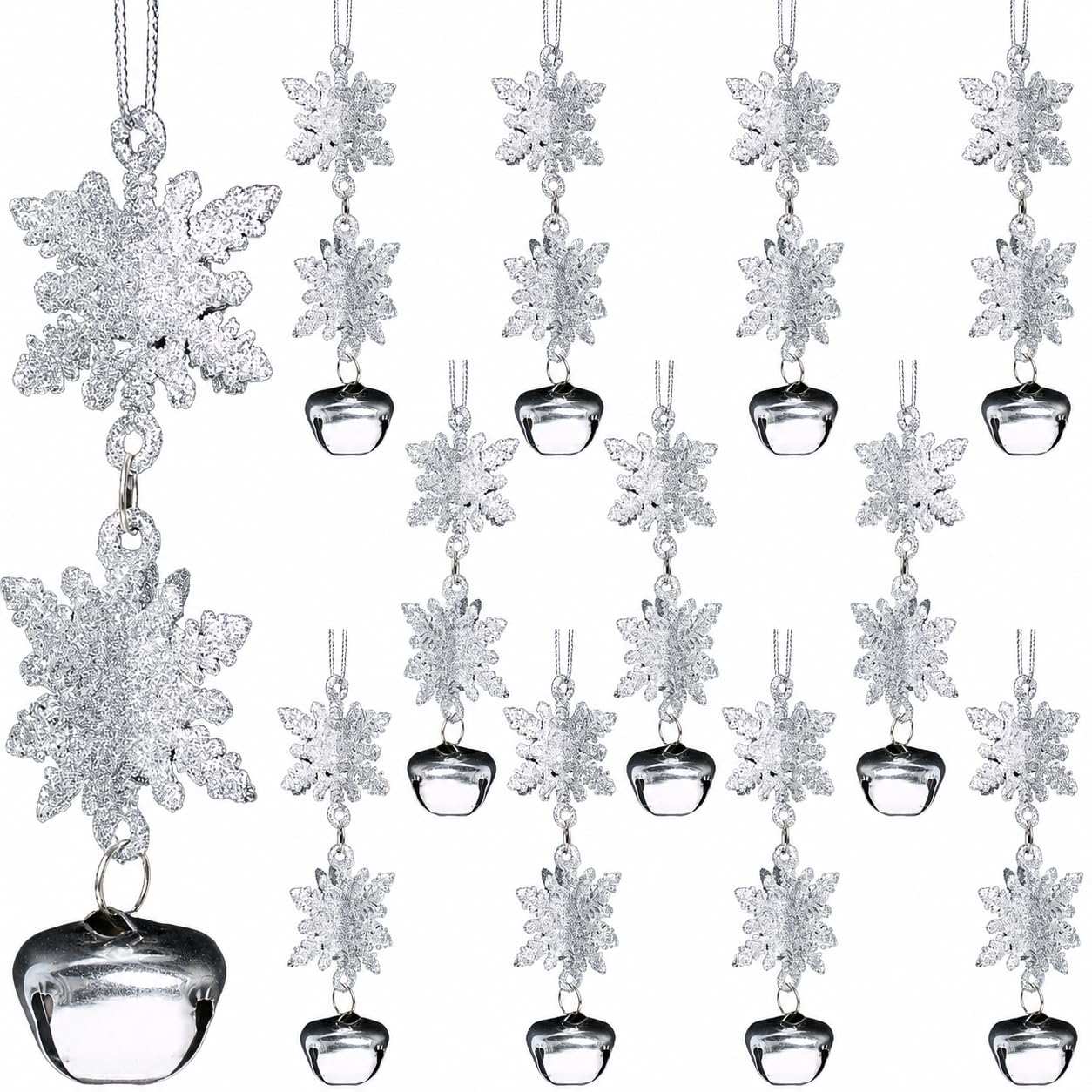 Flocons de neige de Noël Banberry Designs lot de 12 suspensions argentées avec grelots