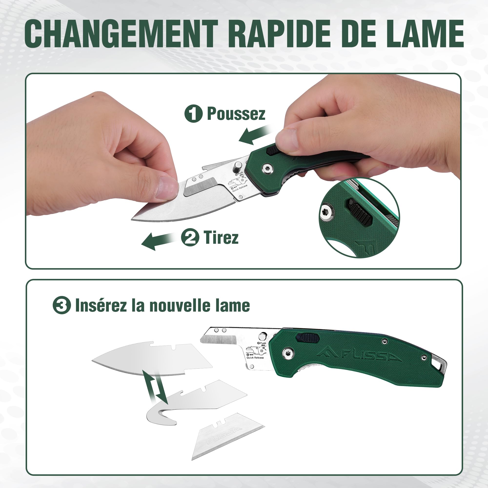 FLISSA Couteau de Poche 3 en 1 avec Manche G10, Clip Ceinture et Lames Interchangeables, Système de Verrouillage Sécurisé, Couteau Pliant Multifonction pour Usage Quotidien et Extérieur