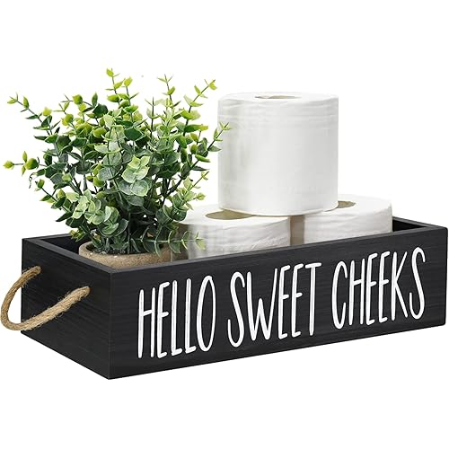 Bathroom Decor Box 2 Sides Funny Toilet Paper Holder Wood Tank Box Over Toilet Paper Storage Basket with Rope Handle Rustic Bathroom Paper Organizer Box with Funny Sign Farmhouse Home Decor Box