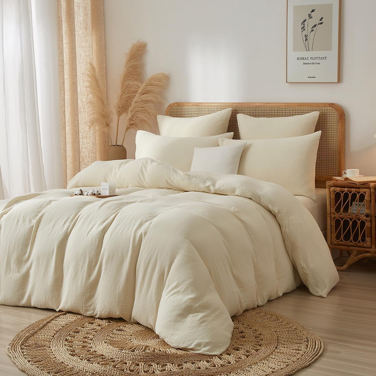 100% Cotton Muslin Duvet Cover Set Twin Size Beige, Ultra Soft Breathable Absorbent Gauze Bedding Duvet Cover, Luxurious Minimalist Natural Wrinkle Linen Textured Comforter Cover 68" x 90"