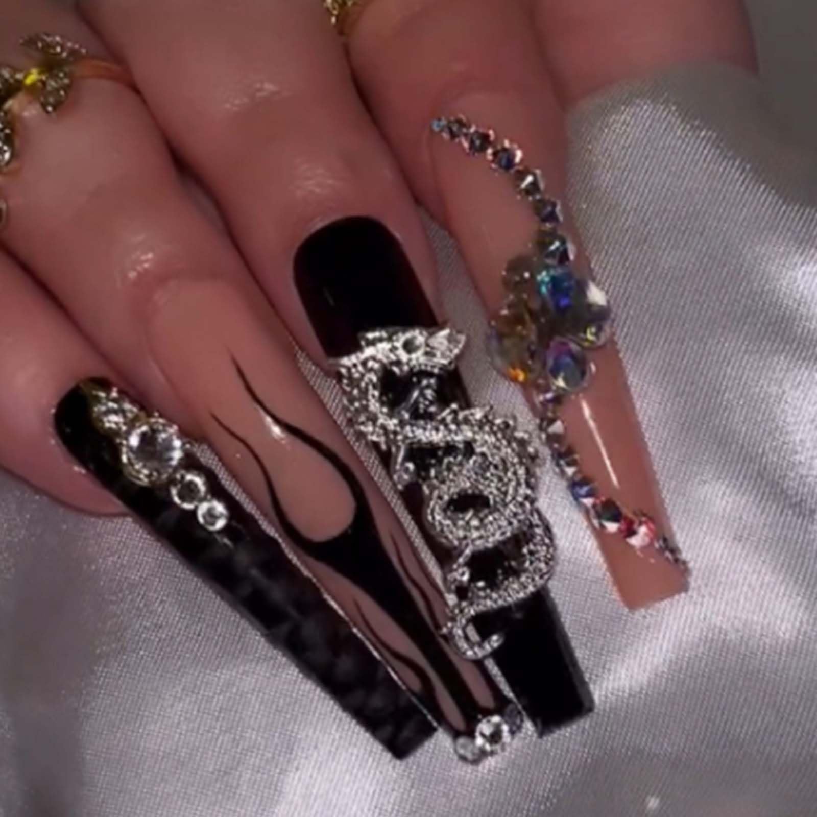 Gifiky Crystal Gem Design Fake Nails Long Coffin Press on Nails Dragon Nails Tips Acrylic Full Cover False Nails Black Flame for Women and Girls 24Pcs
