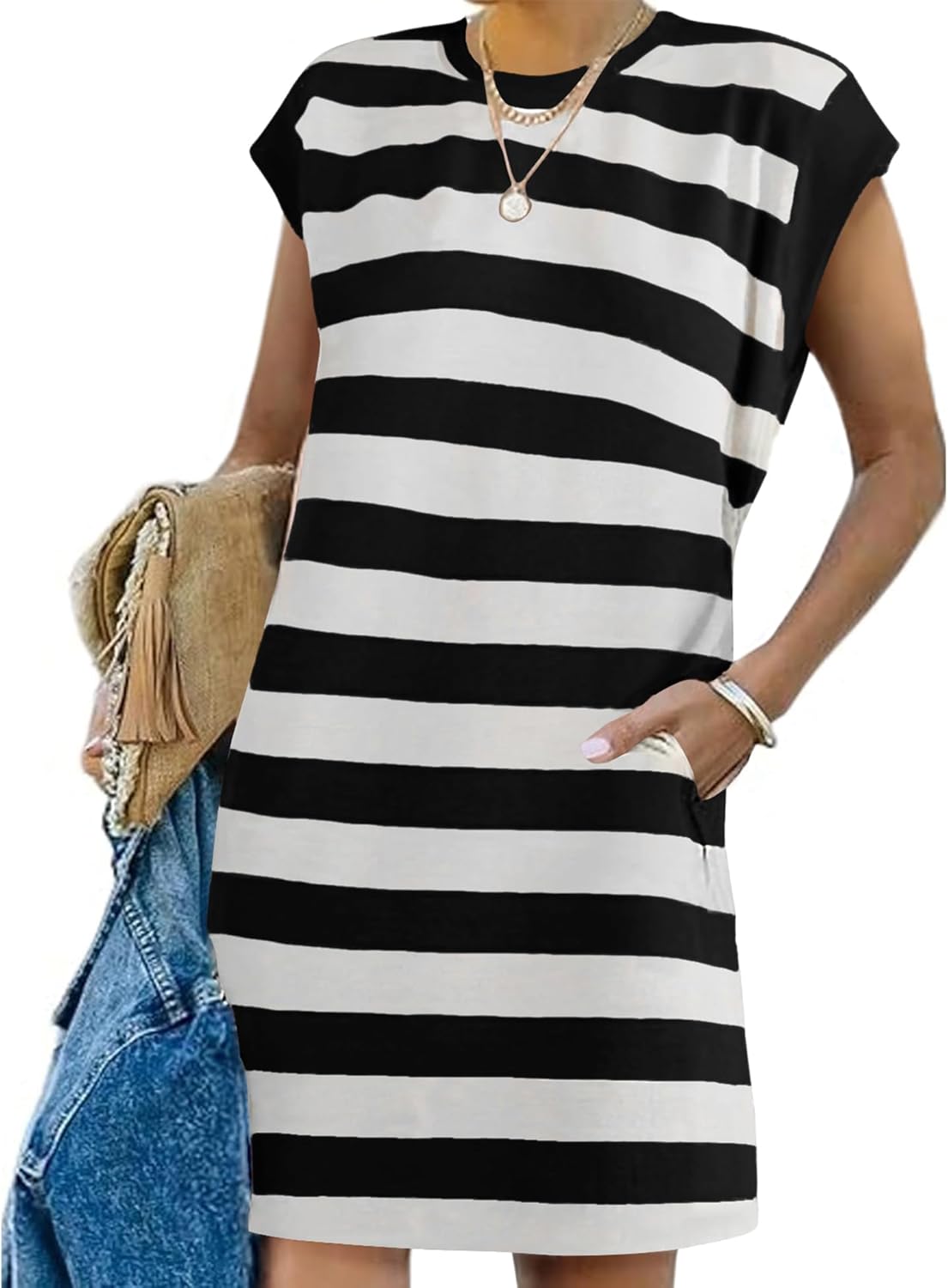 Naggoo Womens Summer Striped T Shirt Dress Crew Neck Cap Sleeve Color Block Casual A Line Short Dresses with Pockets
