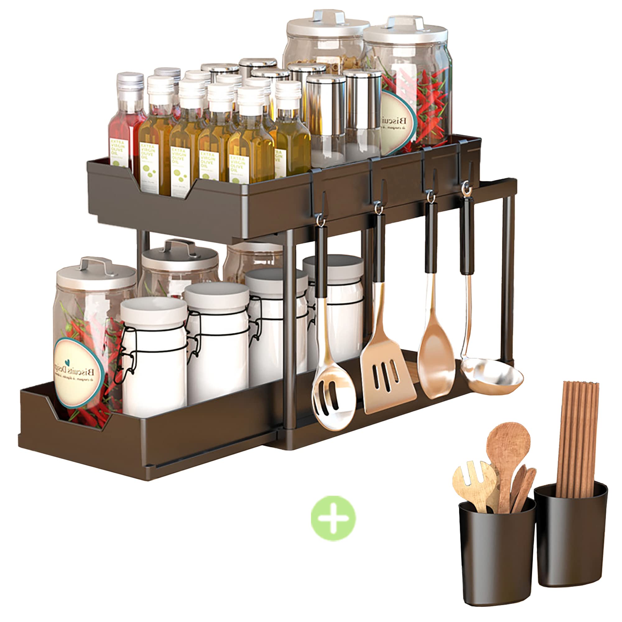 Double Pull Out Sliding Cabinet Organizer Drawers, Under Sink Organizers and Storage, 2 Tier Under Sink Organizers with Sliding Drawer 4 Hooks 2 Cups,Under Sink Storage for Bathroom, Kitchen (Black)