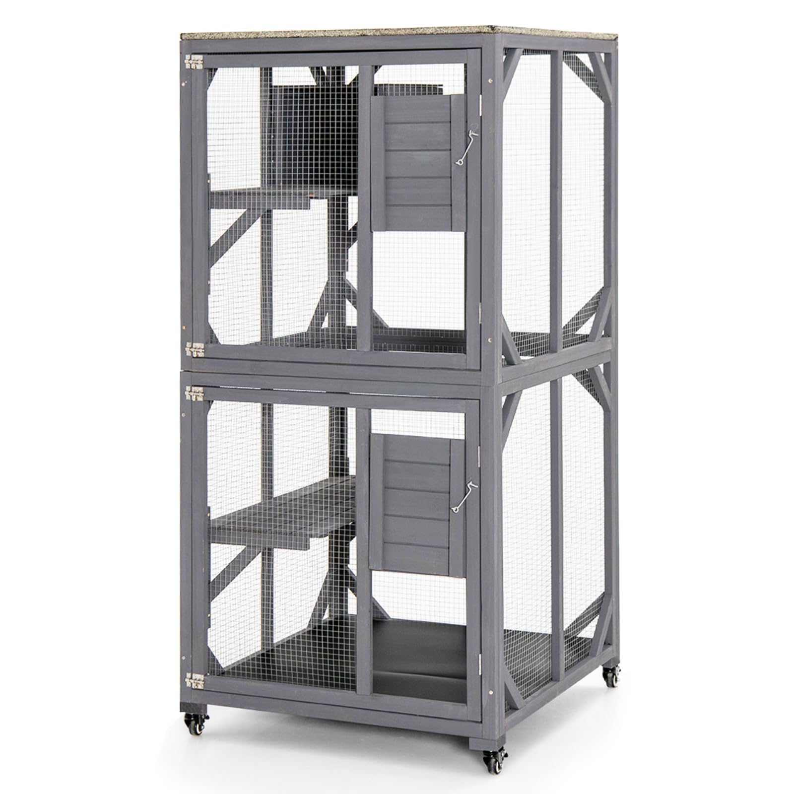GYMAX Large Cat House, Wooden Cat Enclosure on Wheels with Weatherproof Asphalt Roof, Doors, Platforms and Resting Box, Indoor Outdoor Kitty Catio Pet Shelter (80 x 76 x 163cm)