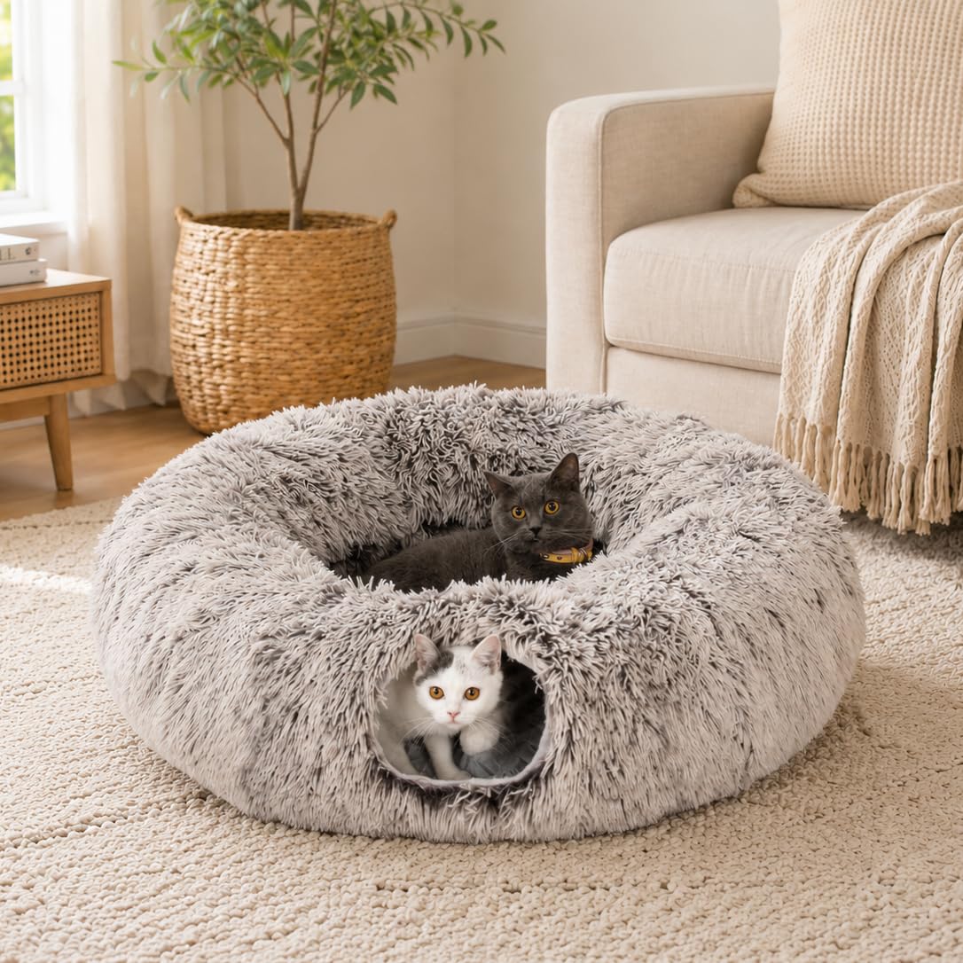 LUCKITTY Warm Fluffy Plush Cat Tunnel Bed Under Christmas Tree Big Tube Playground Toys 3 FT Diameter Longer Crinkle Collapsible 3 Way, for Indoor Cat Kitty Kitten Puppy Rabbit Ferret Brown