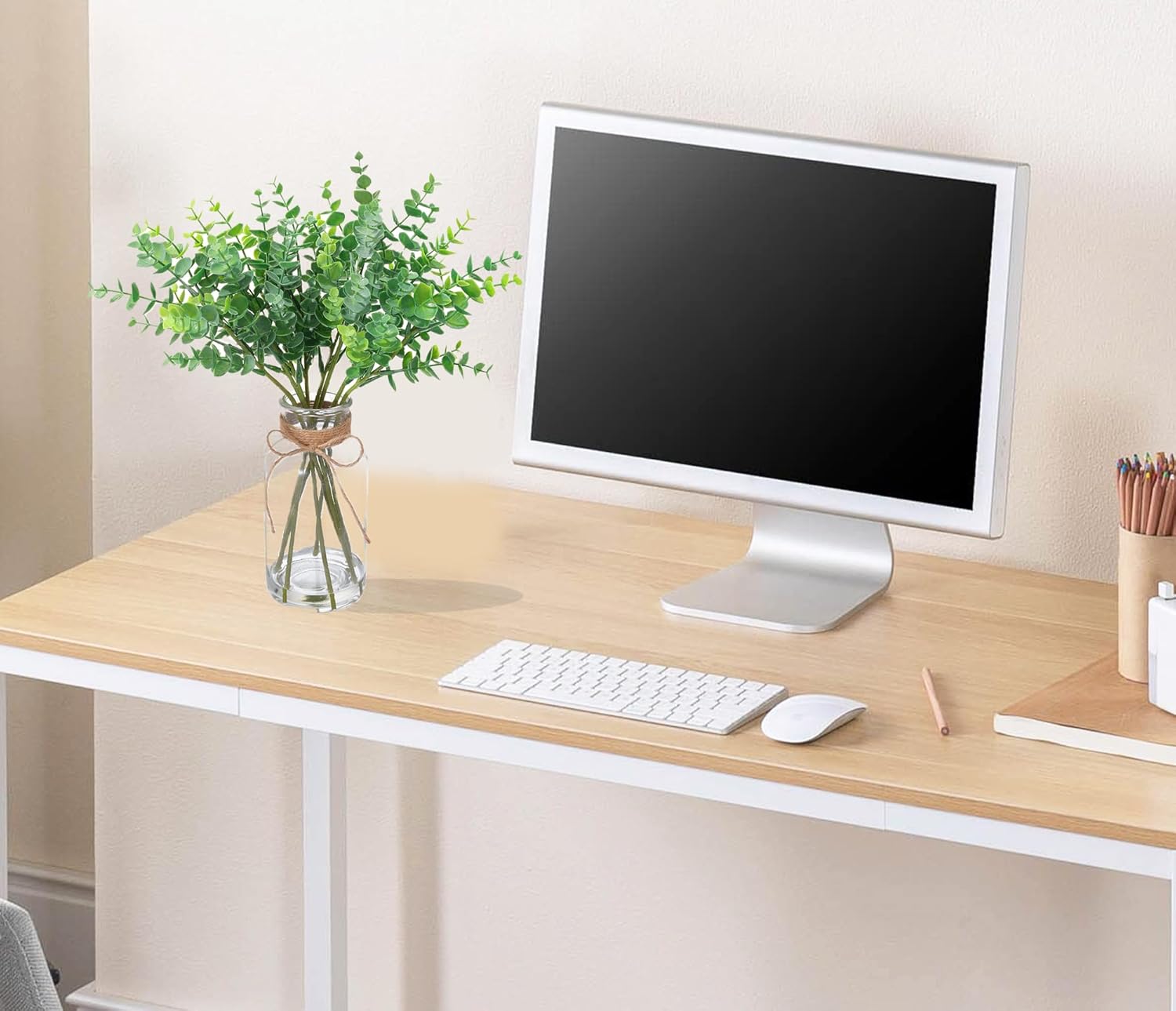 14" Lifelike Faux Eucalyptus Stems in Glass Vase - Artificial Eucalyptus Decor with Faux Water for Bathroom, Farmhouse,Coffee Table Decor, Wedding Centerpiece - Image 7