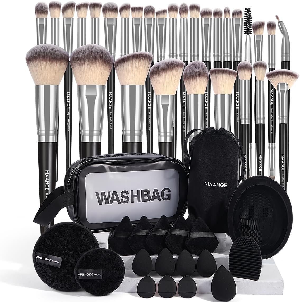 MAANGE Makeup Brush Set 49 Pcs Makeup Tool Set Premium Synthetic Foundation Powder Concealers Eye shadows Blush Makeup Brushes (Silver, 49 Piece Set)