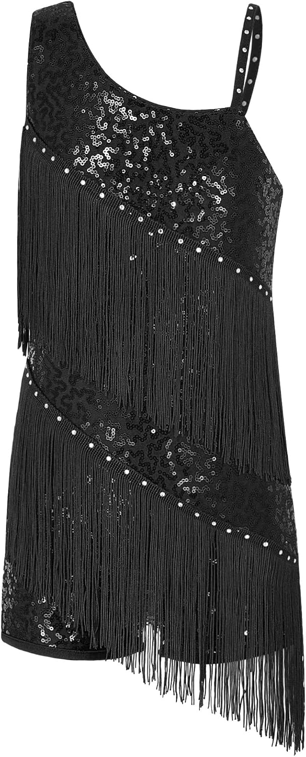 Latin Dance Dress for Girls Kids Sleeveless Sequins Tassel Hem Ballroom Dance Leotard Dress