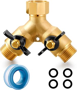 Garden Hose Splitter Full Flow Splitter No Restricted-Flow Connector Heavy Duty Brass Hose y Splitter, 2 way High Flow Hose Bib Adapter with Shut Off Valves Butterfly Handle