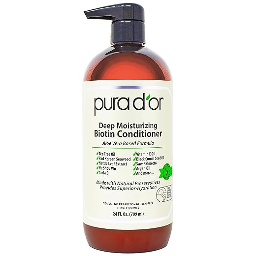 PURA D'OR Deep Moisturizing Biotin Conditioner Thickens, Softens, & Moisturizes Dry, Frizzy, Damaged Hair w/Argan Oil, Pumpkin, Rosemary, Honeysuckle, Vitamin E, Men & Women, 24oz