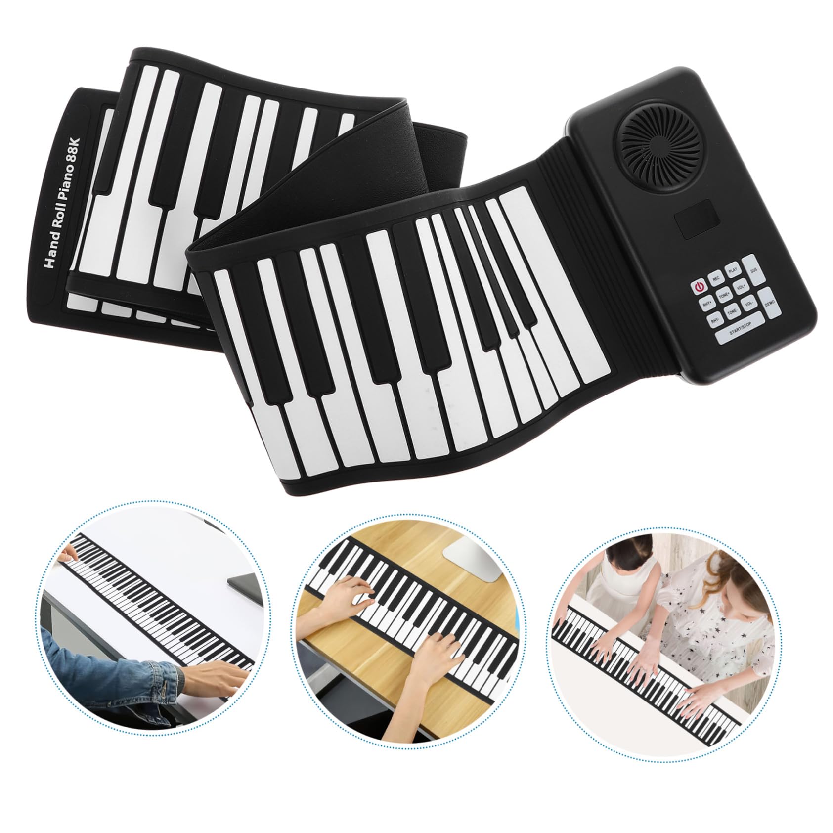 88-tasten Rolle Up Piano aus Silikon, Schwarz, Batteriebetrieben | Faltbar für Reise, mit Lautsprecher, USB Kabel im Lieferumfang, für Einsteiger