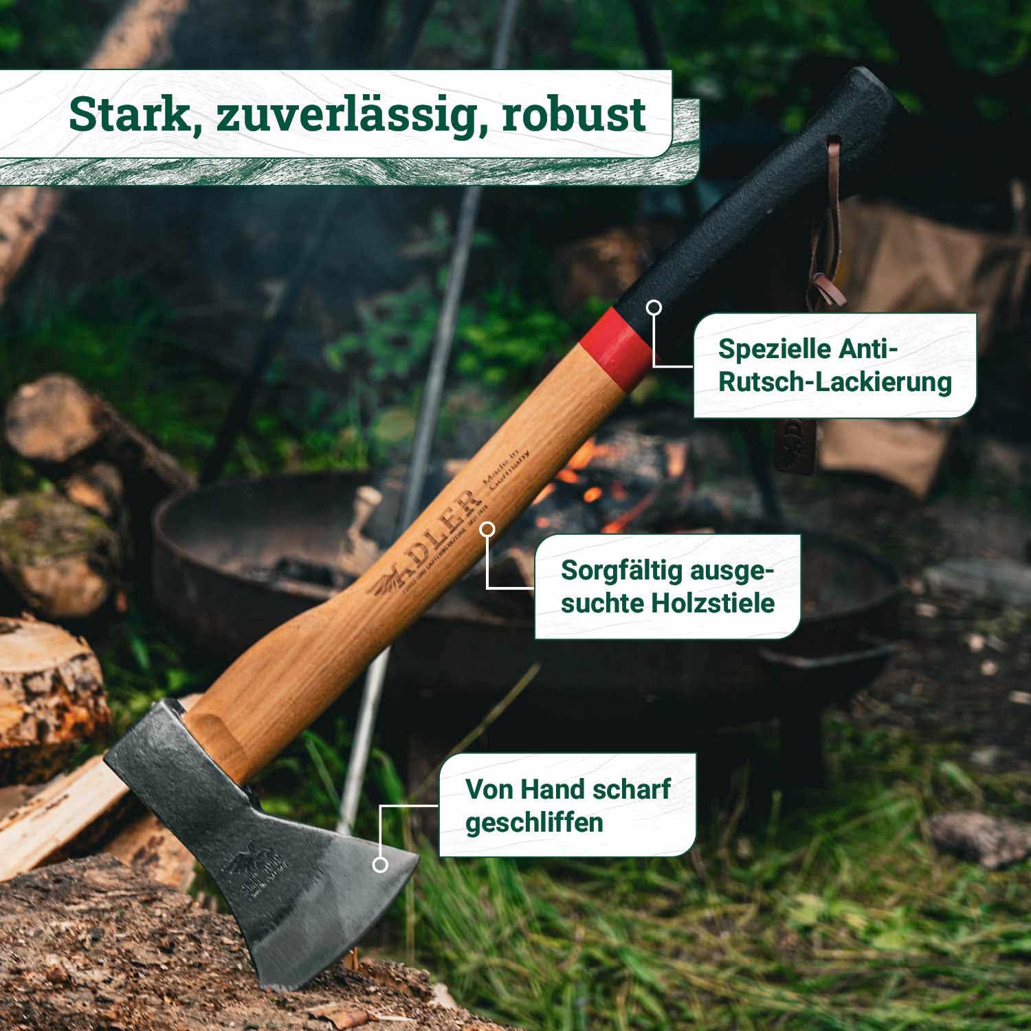 ADLER Kanuaxt Handaxt 600g 50 cm C60 Hickorystiel Spalten Feuerholz Rot | Geschmiedeter Kopf ein und beidhändig nutzbar mit Lederschutz Made in Germany