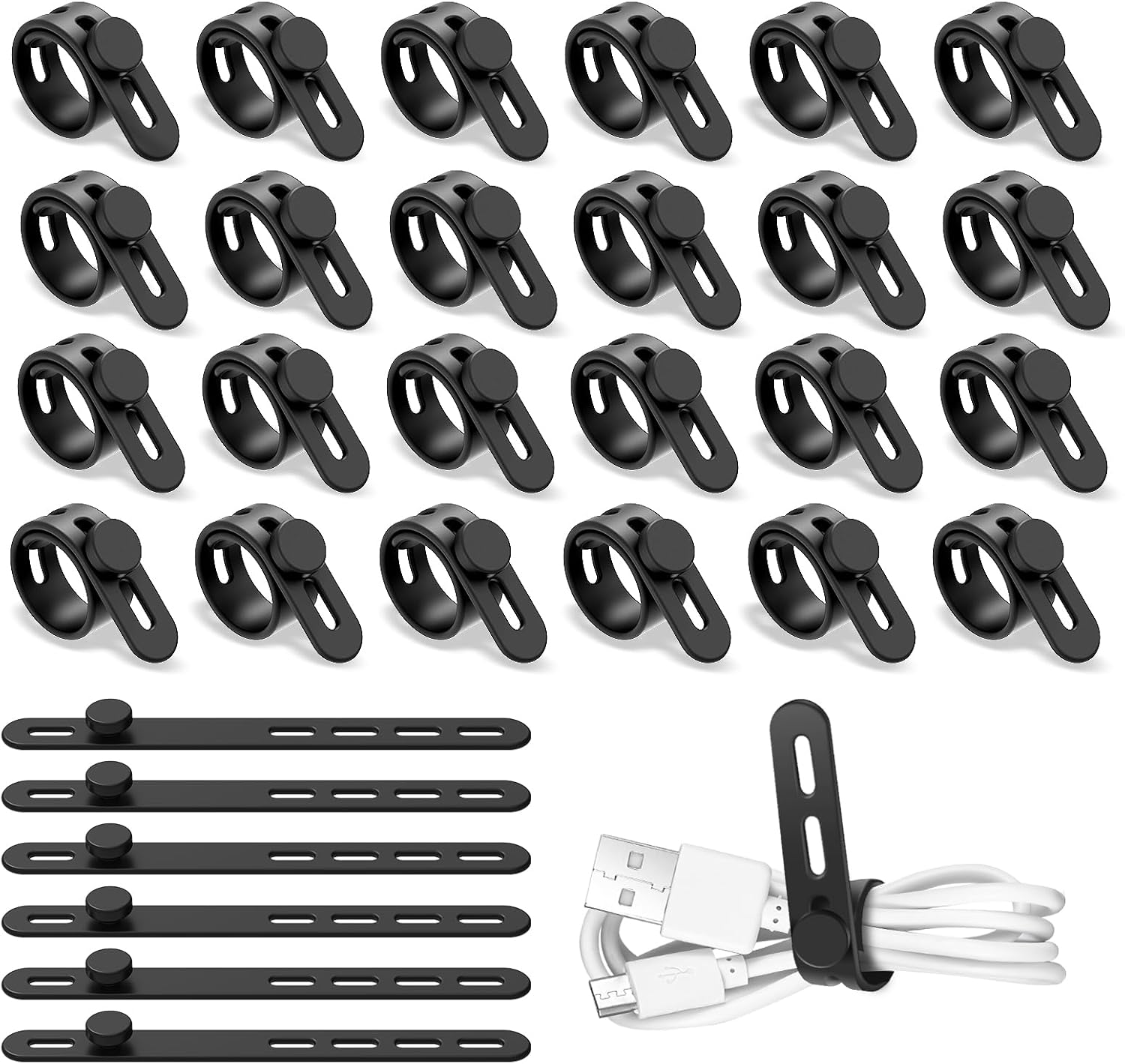 30Pcs Silicone Cable Ties Adjustable Cable Straps Black/Colorful Cord Organizer Reusable Cable Management Organizer Fastening Cable Straps for Travel Office Home