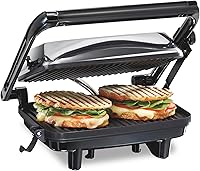 Hamilton Beach 25460 Panini Press Sandwich Maker - Nonstick 10x8 Grids, Floating Lid, Locks for Upright Storage, Chrome Indoor Grill for Paninis & Quesadillas