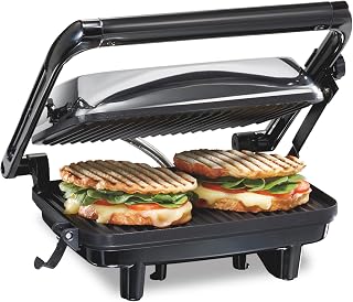 Hamilton Beach 25460 Panini Press Sandwich Maker - Nonstick 10x8 Grids, Floating Lid for Paninis, Quesadillas, Indoor Grill, Chrome