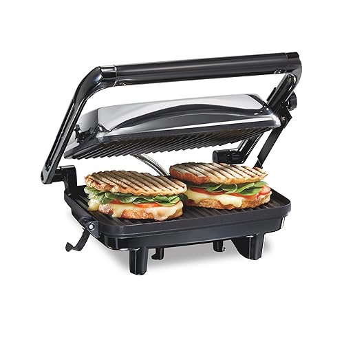 Hamilton Beach Panini Press Sandwich Maker & Electric Indoor Grill with Locking Lid, Opens Wide to Fit Any Thickness for Quesadillas, Burgers & More, Nonstick 8" x 10" Grids, Chrome (25460AG) - Chrome Finish - Nonstick 8" x 10" Grids